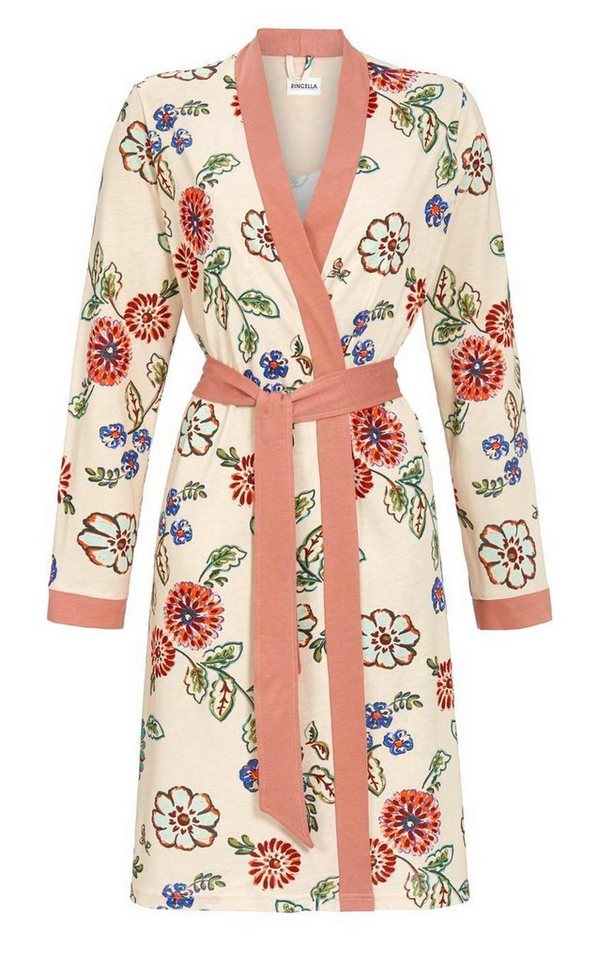Ringella Kimono Damen Wickelmantel Blumendesign, Midi, Baumwollmischung,  Kimono-Kragen, Gürtel, Modisches Design