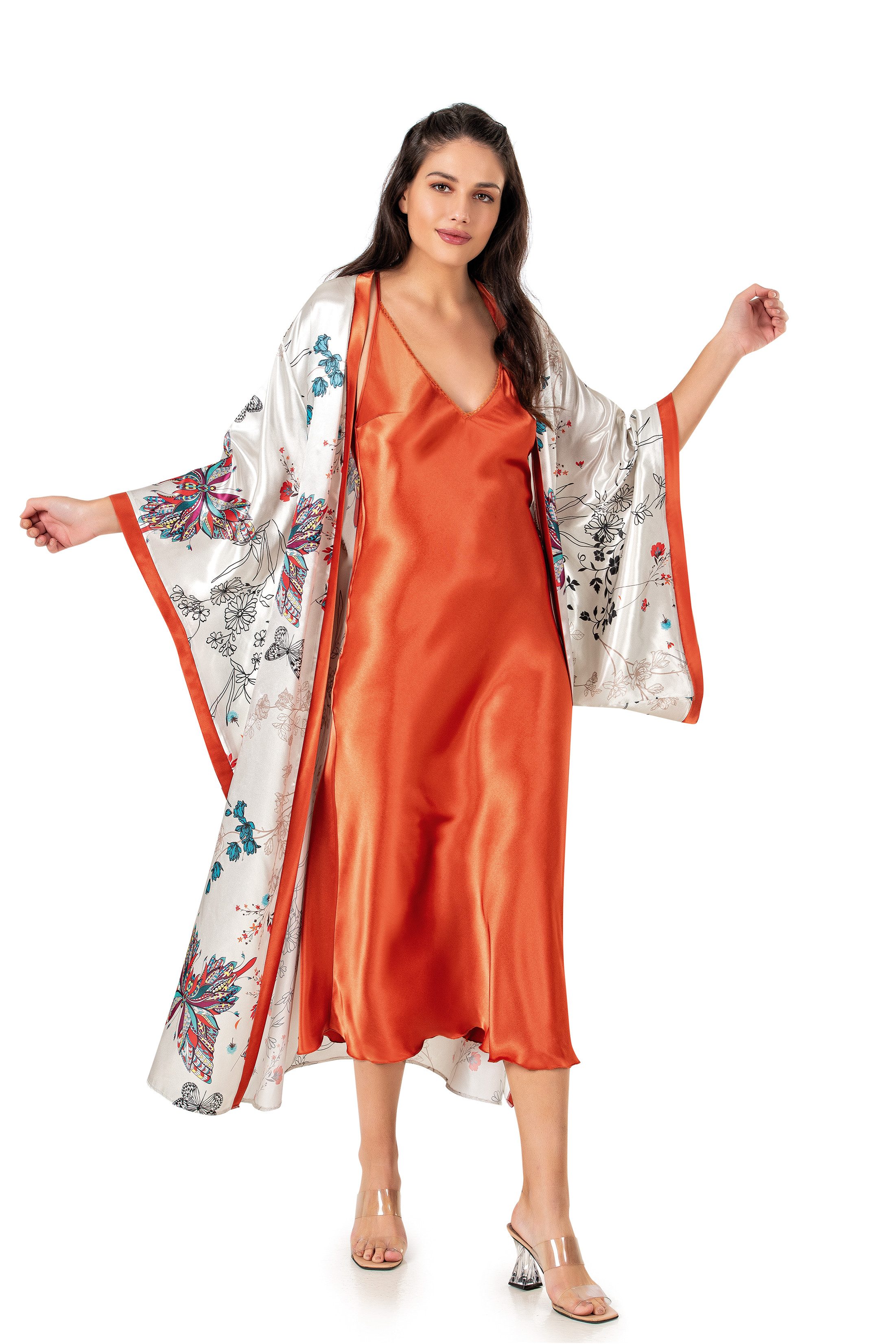 Nachthemd 2-teiliges Langes Satin-Nachthemd mit Kimono – Elegant & Floral L günstig online kaufen