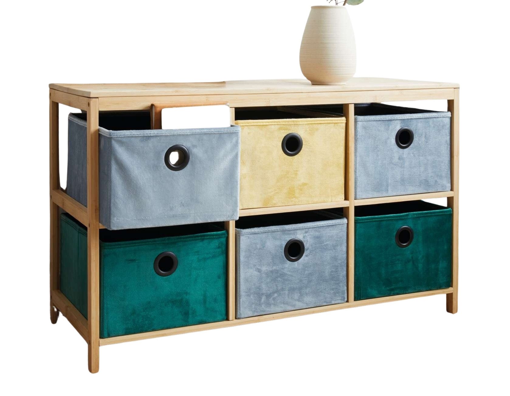 Dekoleidenschaft Standregal "Bunt" aus Bambus, 6 / 8 Textil-Boxen in Samt Optik Aufbewahrungsregal, Bambusregal mit Aufbewahrungsboxen, Kommode