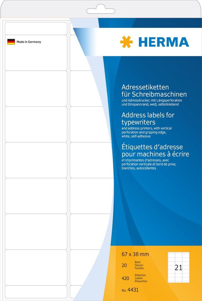 HERMA Etiketten Adress-Etiketten 67x38mm auf A4-Blättern Ecken rund VE=420 Stück