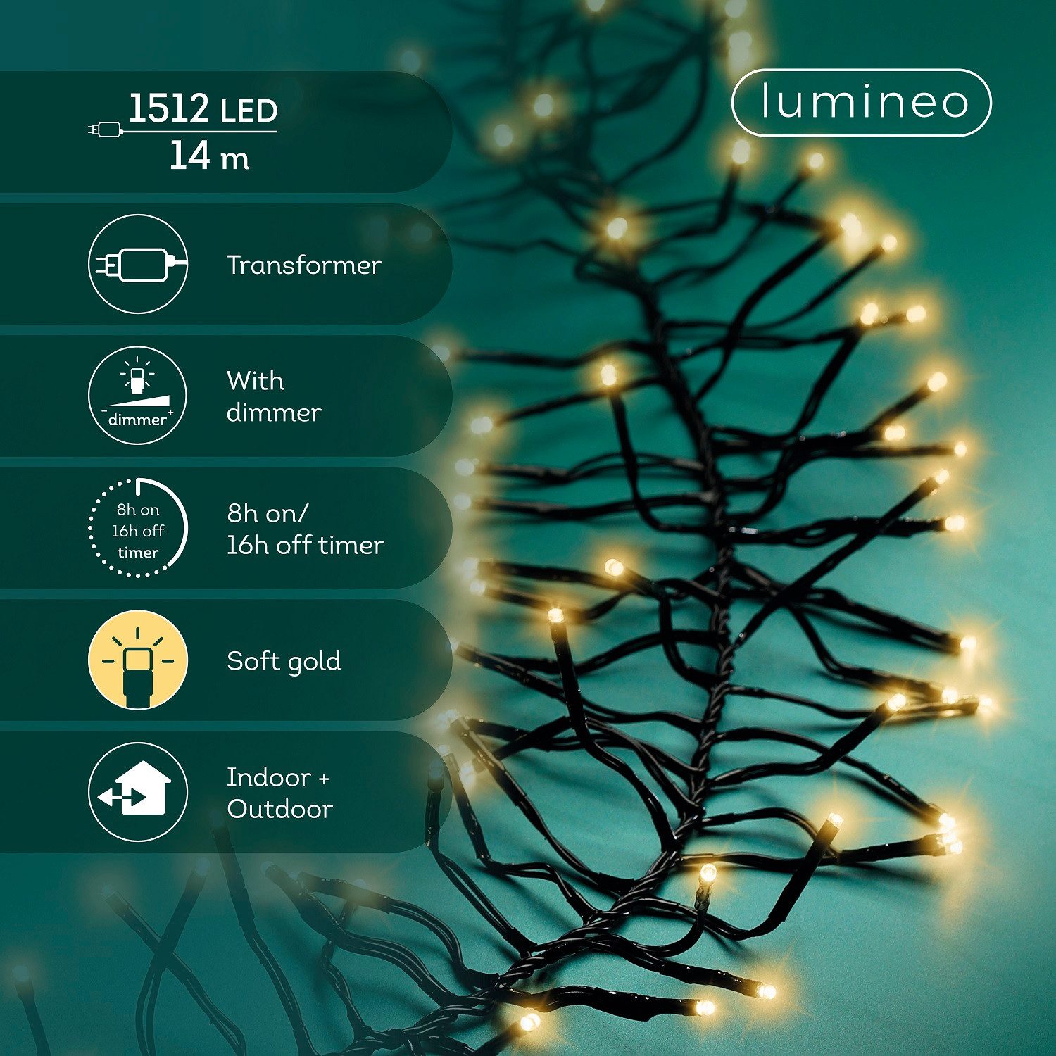 Lumineo LED-Lichterkette Lumineo Lichterkette CLUSTER 1512 LED 14 m Soft Gold, schwarzes Kabel, Indoor/Outdoor, dimmbar, 8h-Timer, + 5 m Zuleitung – Bild 2 von 5