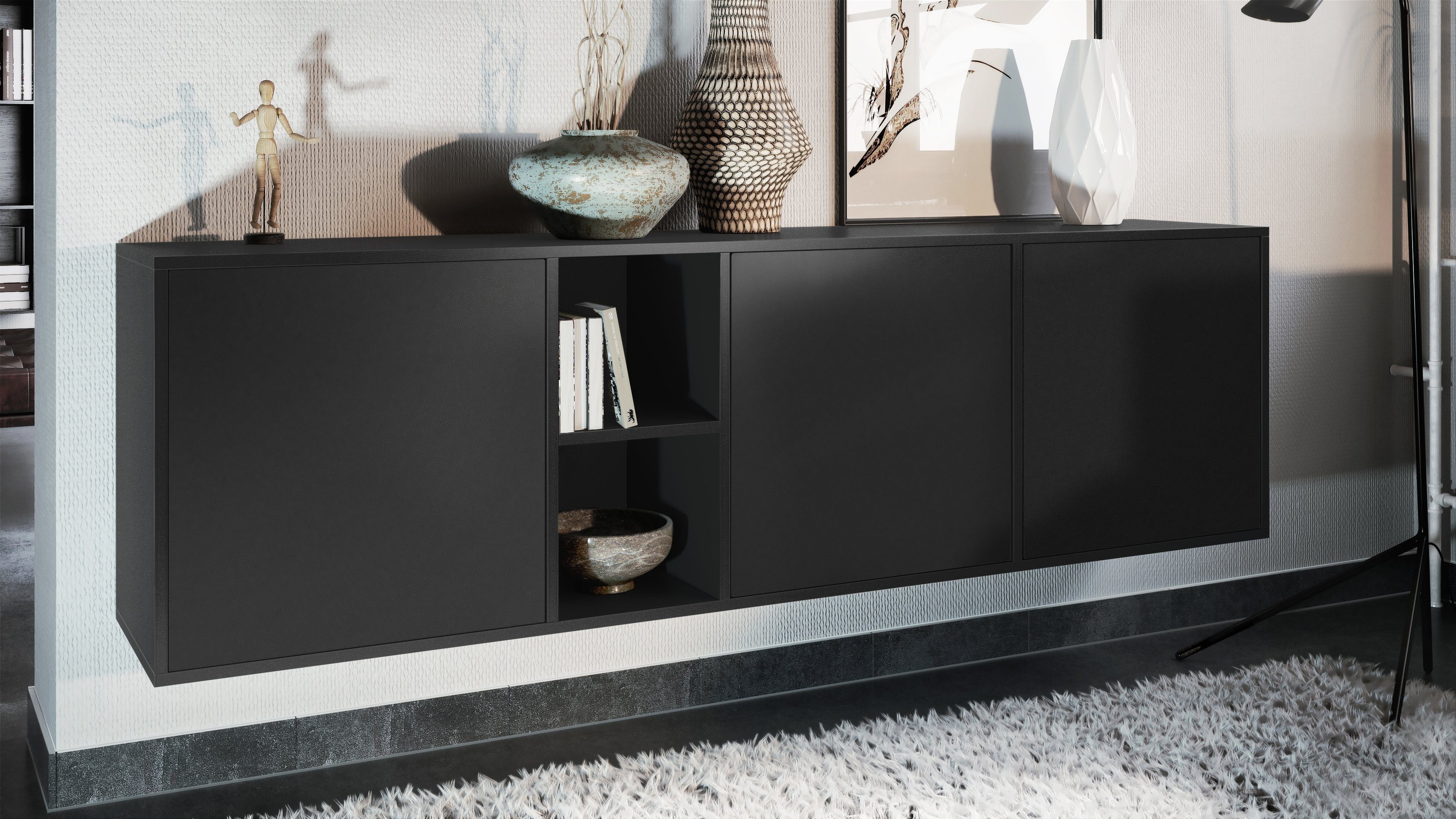 Vladon Sideboard Cuba (Kommode, mit 3 Türen und 2 offene Fächer), Schwarz m günstig online kaufen