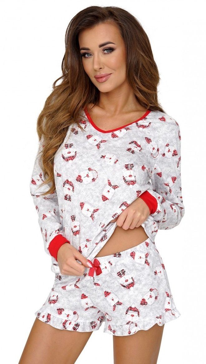 Donna Schlafanzug Damenpyjama mit süßem Teddy-Motiv, langarm