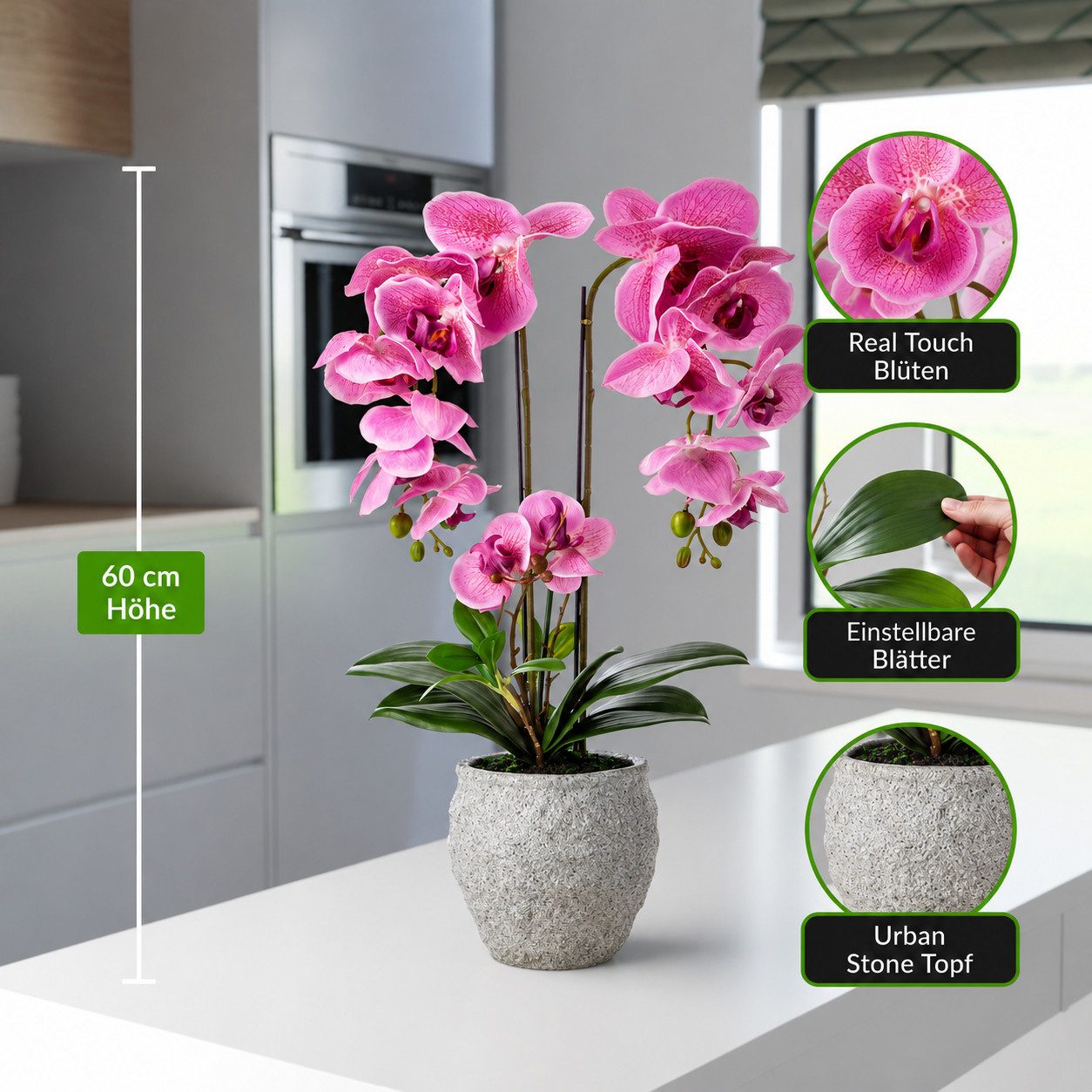 Kunstorchidee PASCH® Orchidee künstlich wie echt (60cm) in Urban Stone Töpfen Orchidee, PASCH, Real Touch Blüten, Handgefertigter Stone Cube