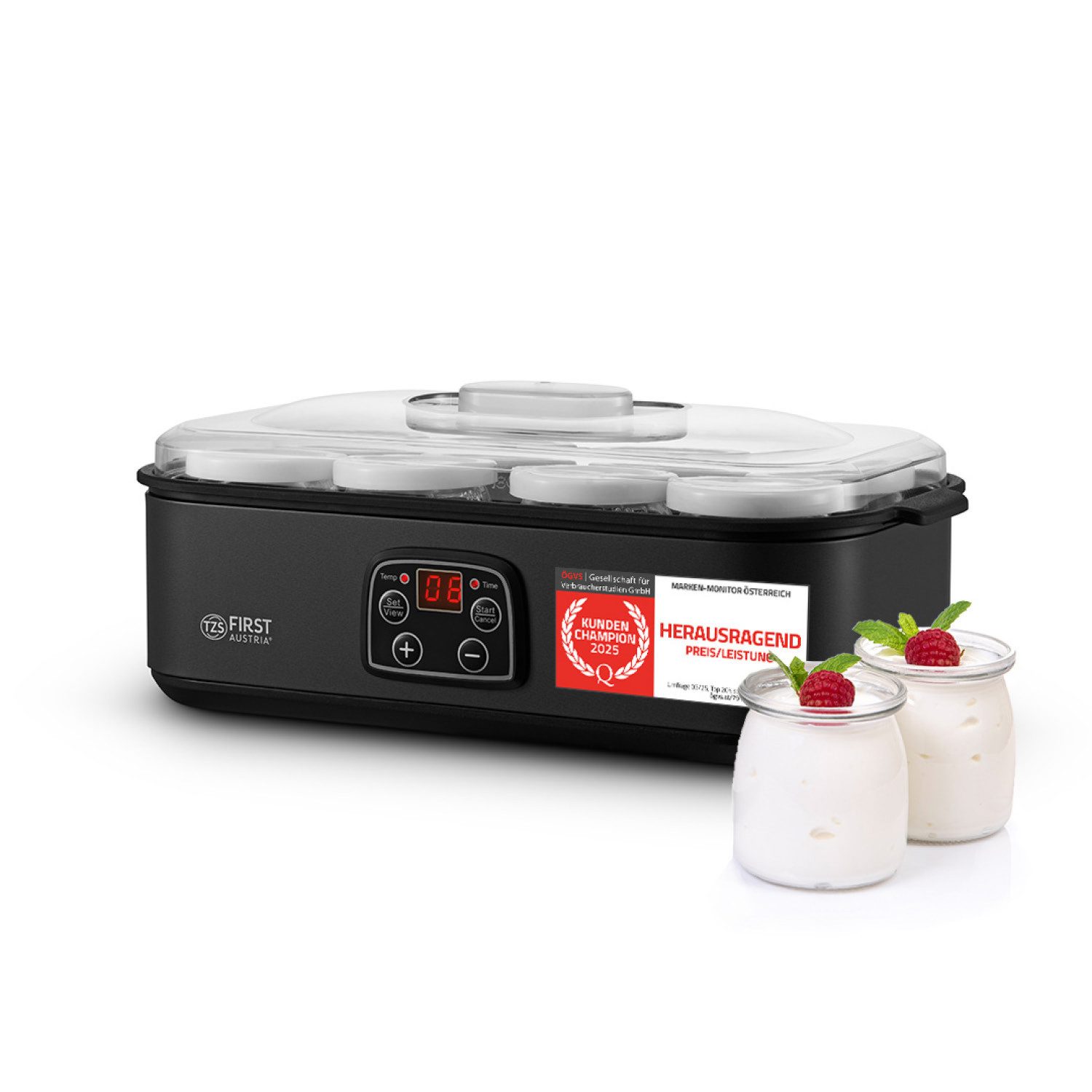 TZS FIRST AUSTRIA Joghurtbereiter mit 8 Glasbehältern à 180 ml, LED-Display, 20–55 °C, 48h-Timer, Temperatur bis 55 °C, Abschaltautomatik, LED-Display