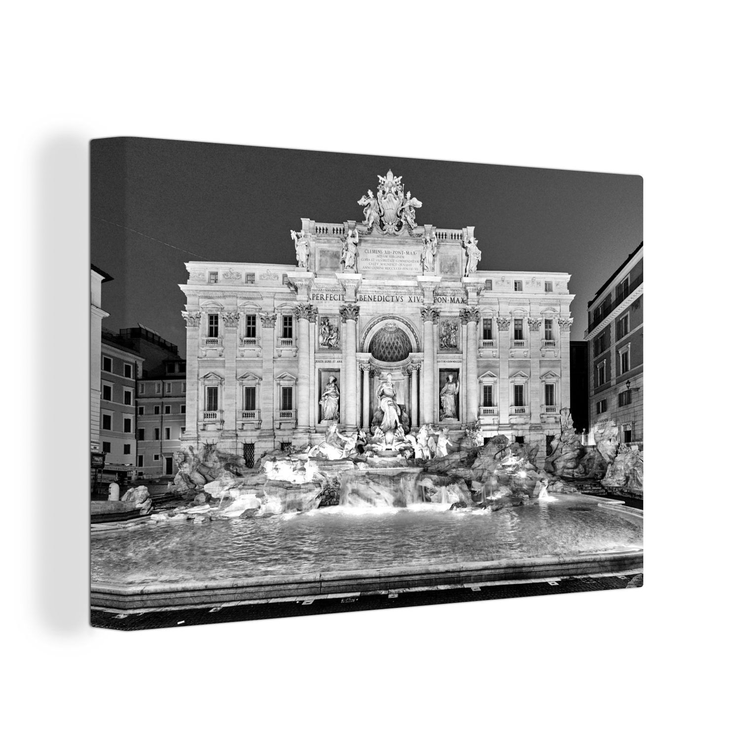 OneMillionCanvasses® Leinwandbild Wunderschön beleuchteter Trevi-Brunnen Rom - schwarz und weiß, (1 St), Wandbild Leinwandbilder, Aufhängefertig, Wanddeko, 30x20 cm