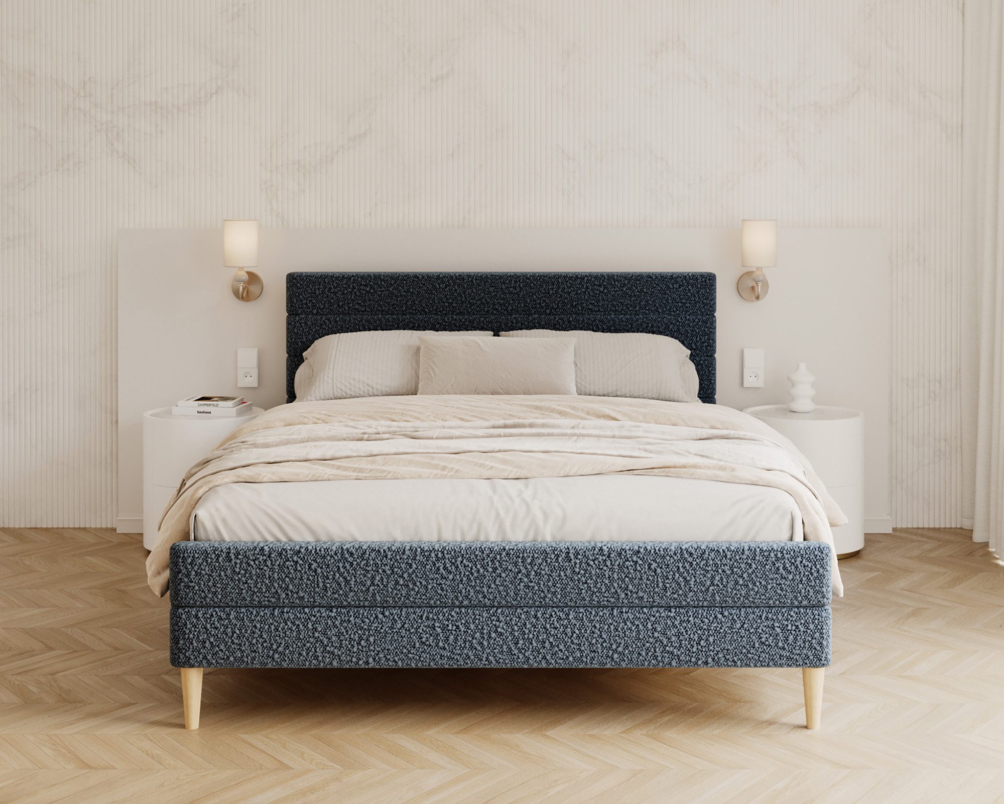 thematys Polsterbett Polsterbett Bett / 120x200,140x200, 160x200, 180x200 (MADE IN EU - mit hochwertigem Bouclé Bezug, Bettrahmen, Bett, Optional mit Matratze bestellbar, mit großen gepolsterten Kopfteil aus hochwertigen Bouclé Stoff), Holzrahmen mit Lattenrost, mit großen gepolsterten Kopfteil aus hochwertigen Bouclé Stoff), Holzrahmen mit Lattenrost