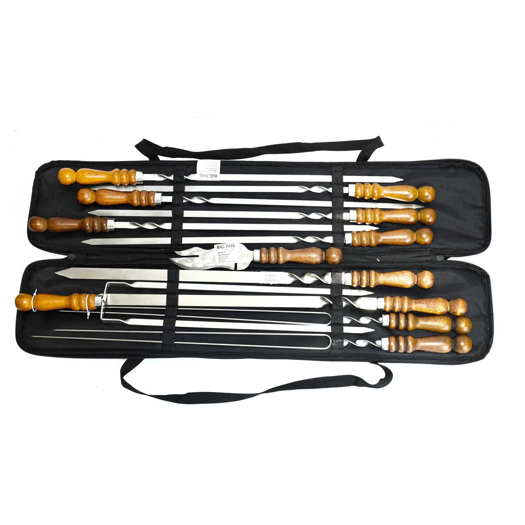 BIG-PAN Schaschlikspieße Komplett Set Schampura Tasche Kebab Grillspieße (Grillspieße mit Aufbewahrungstasche für Grill, Camping & Outdoor, Kebab Pilz Spieße, Tasche), kaltgewalzter Edelstahl