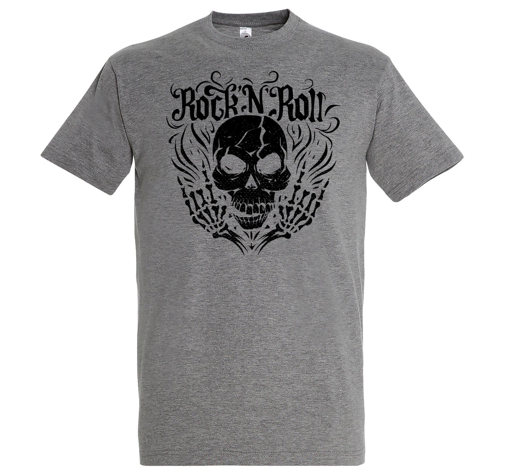 Trendigem Designz T-Shirt Fun-Look Grau mit im Rock Skull Herren Roll Frontdruck and Youth T-Shirt