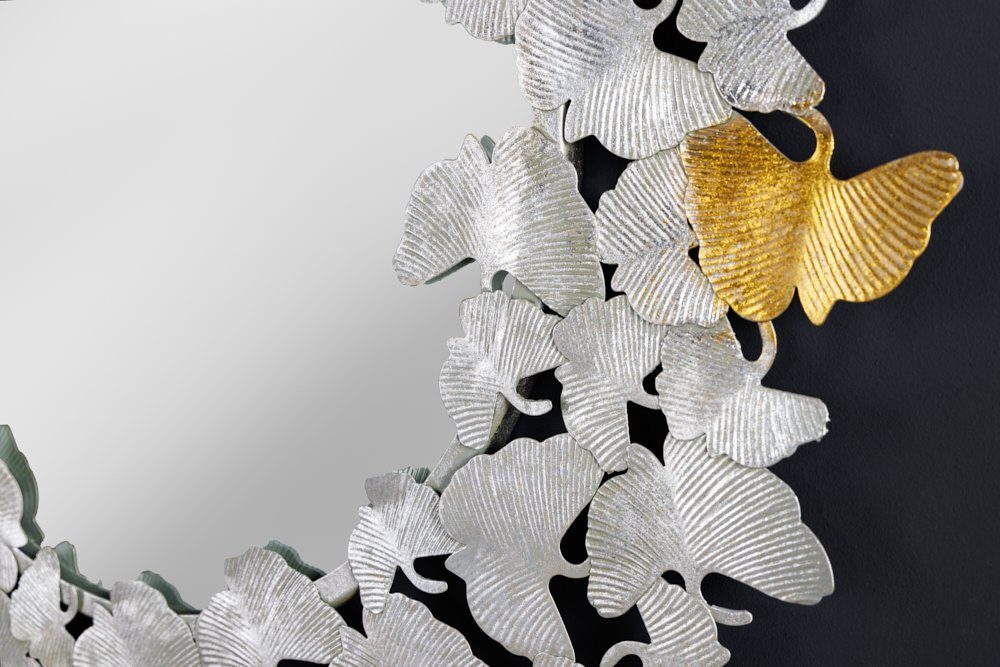 · gold / mit rund Wohnzimmer (1-St), Rahmen · silber · LEAFS riess-ambiente Handmade Wandspiegel Metall · 90cm XL Dekoration · GINKGO