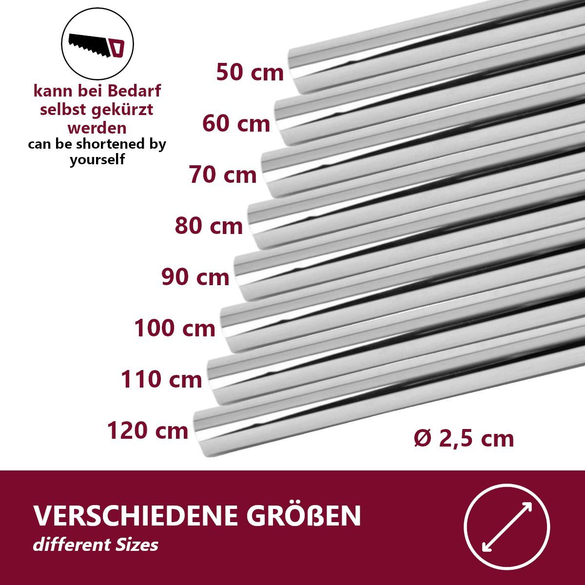 HOOZ Kleiderstange aus Chrom mit Halterung für Ordnung im Schrank verschiedene Längen (1 St., 50 cm - kürzbar), aus Metall