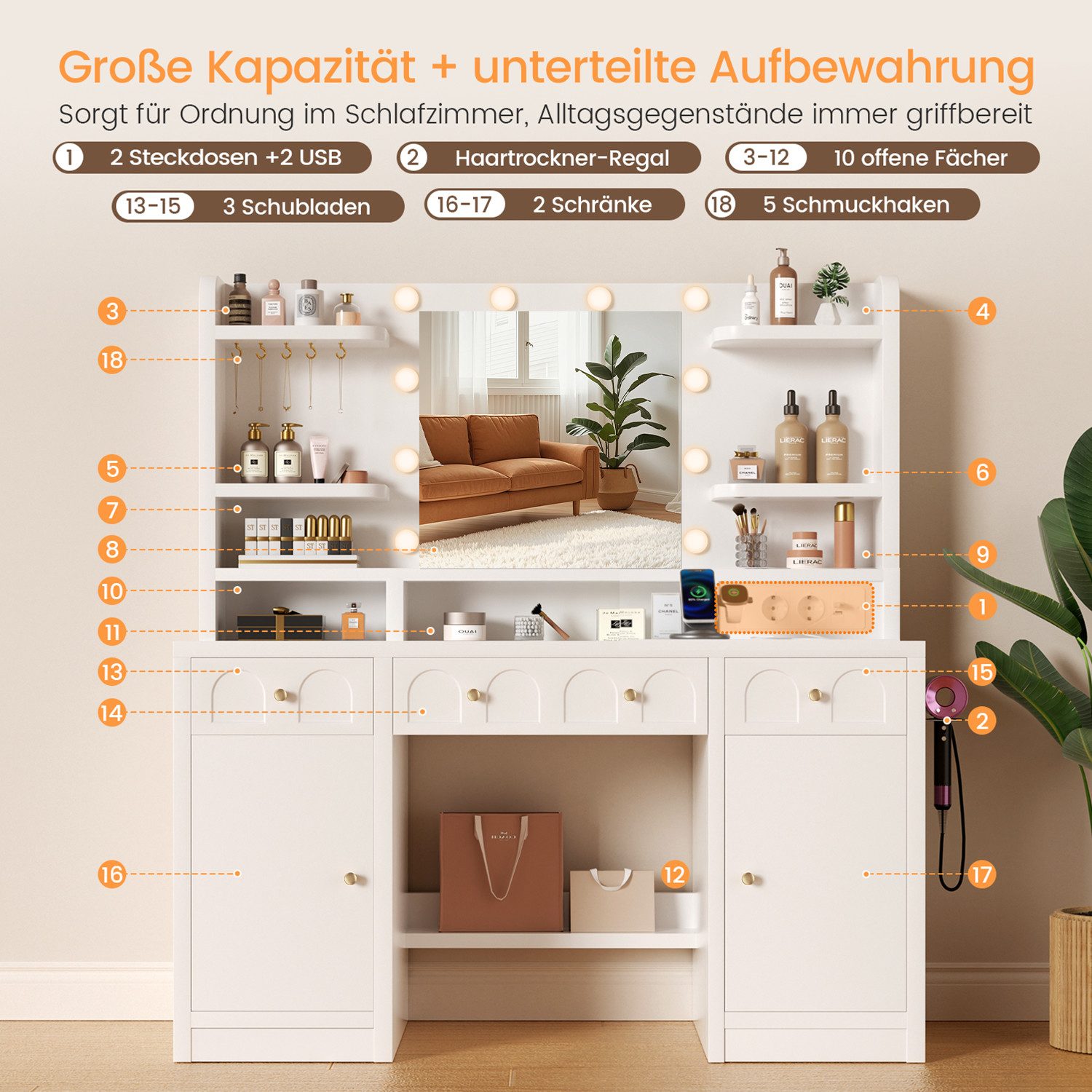 Lexzurn Schminktisch Schminktisch mit LED-Beleuchtung, großem hochauflösendem Spiegel (mit Steckdose und USB-Ports,10 offene Fächer,3 Schubladen, 2 Schränke,5 Schmuckhaken,10 LED-Leuchten, 3 Lichtfarben), Maße: 107 × 40 × 140 cm. Leise laufende Schienen, Kippschutz.