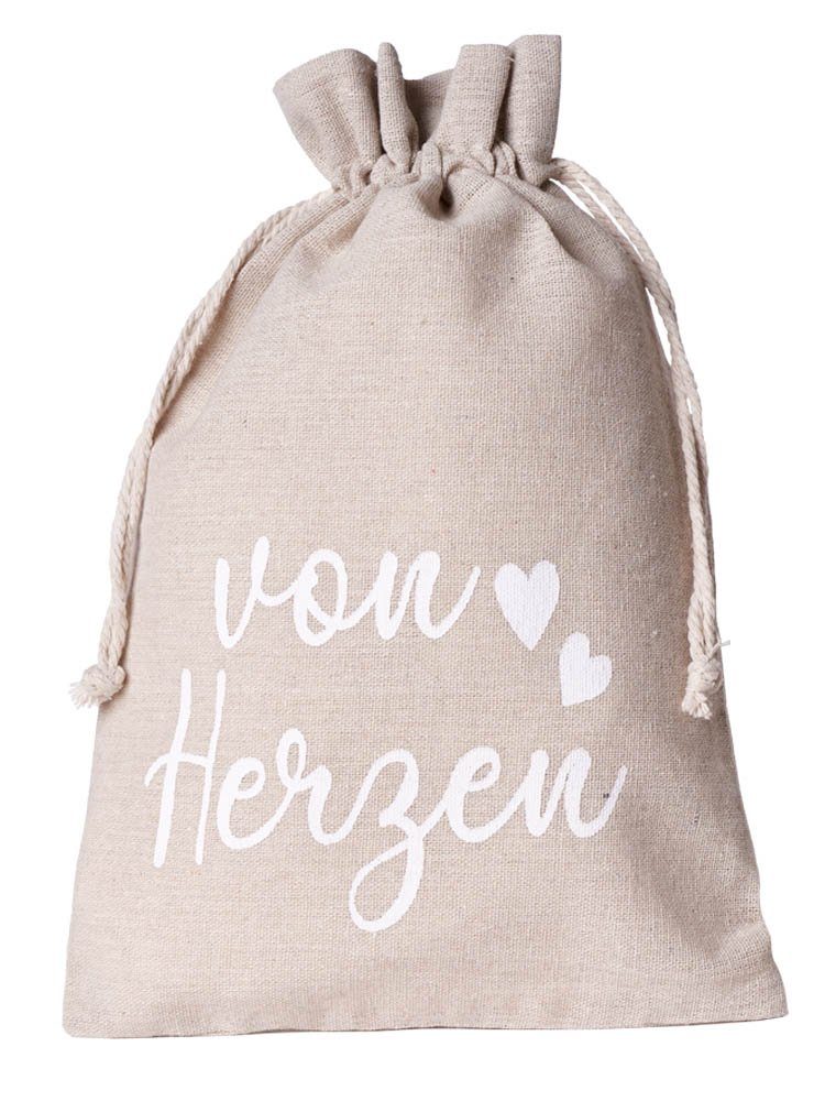 Geschenkbox 2 Geschenkbeutel, Leinensäckchen mit Gruß - von Herzen -