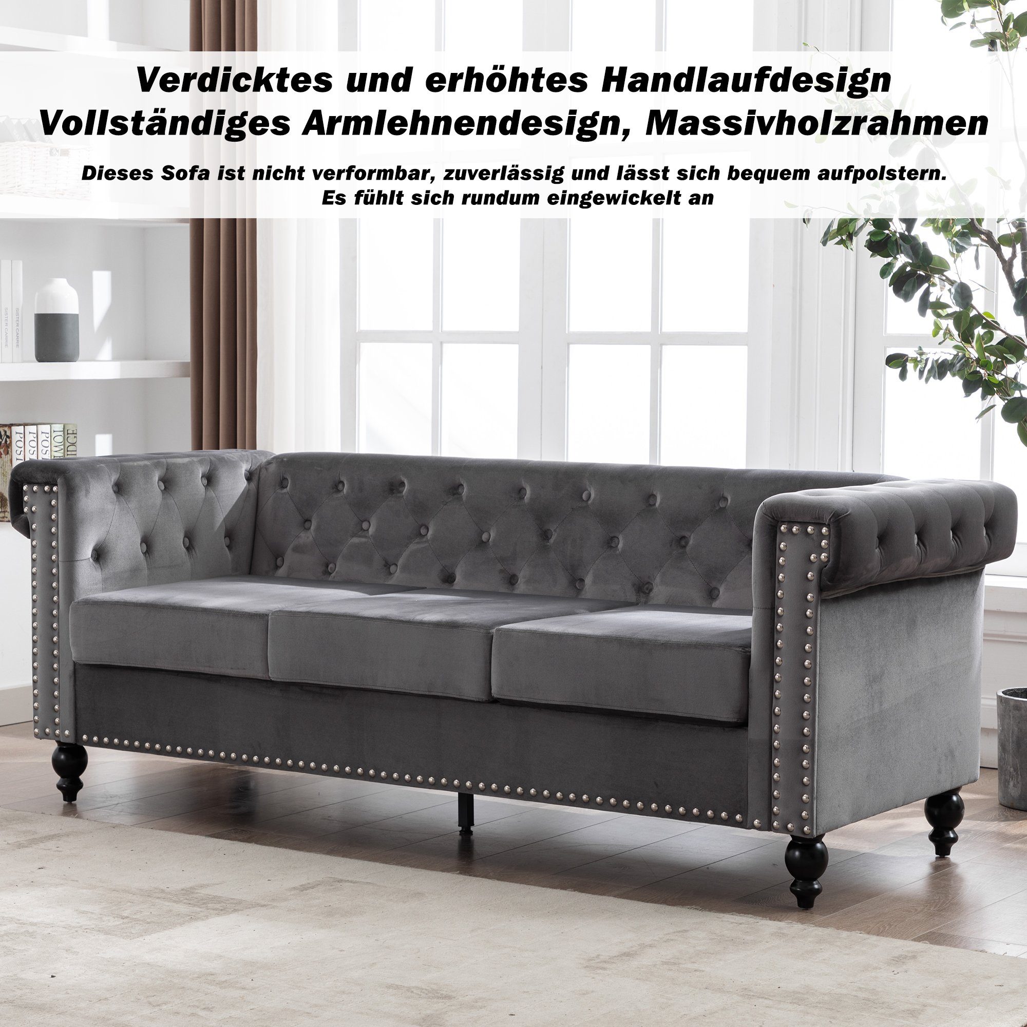 3-Sitzer, mit edler Knopfheftung und typischen Armlehnen, Sofa in Chesterfield-Optik, mit Federkern und Holzfüße, Bezug aus Samt