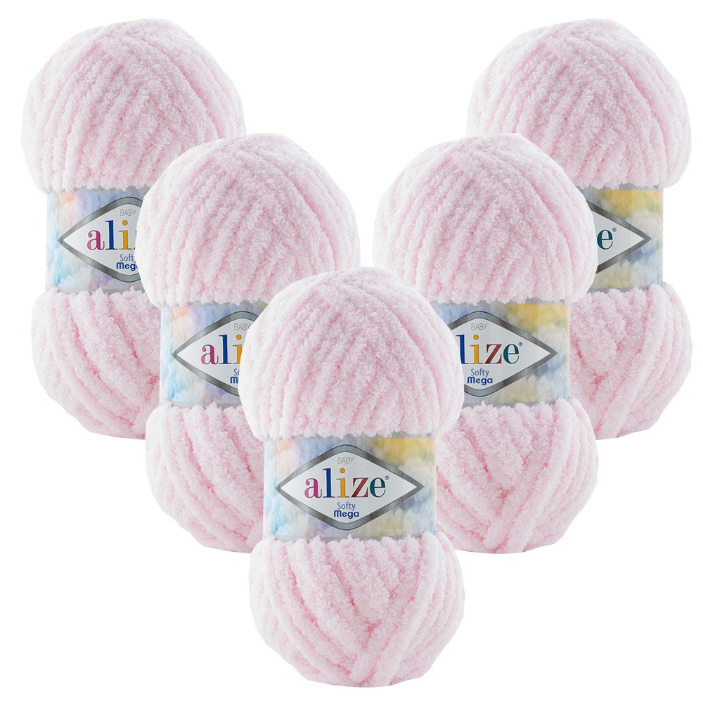 Alize 5 x ALIZE Softy Mega Häkelwolle, 70 m, Babywolle, flauschig,Plüsch,bulky,weiches Garn
