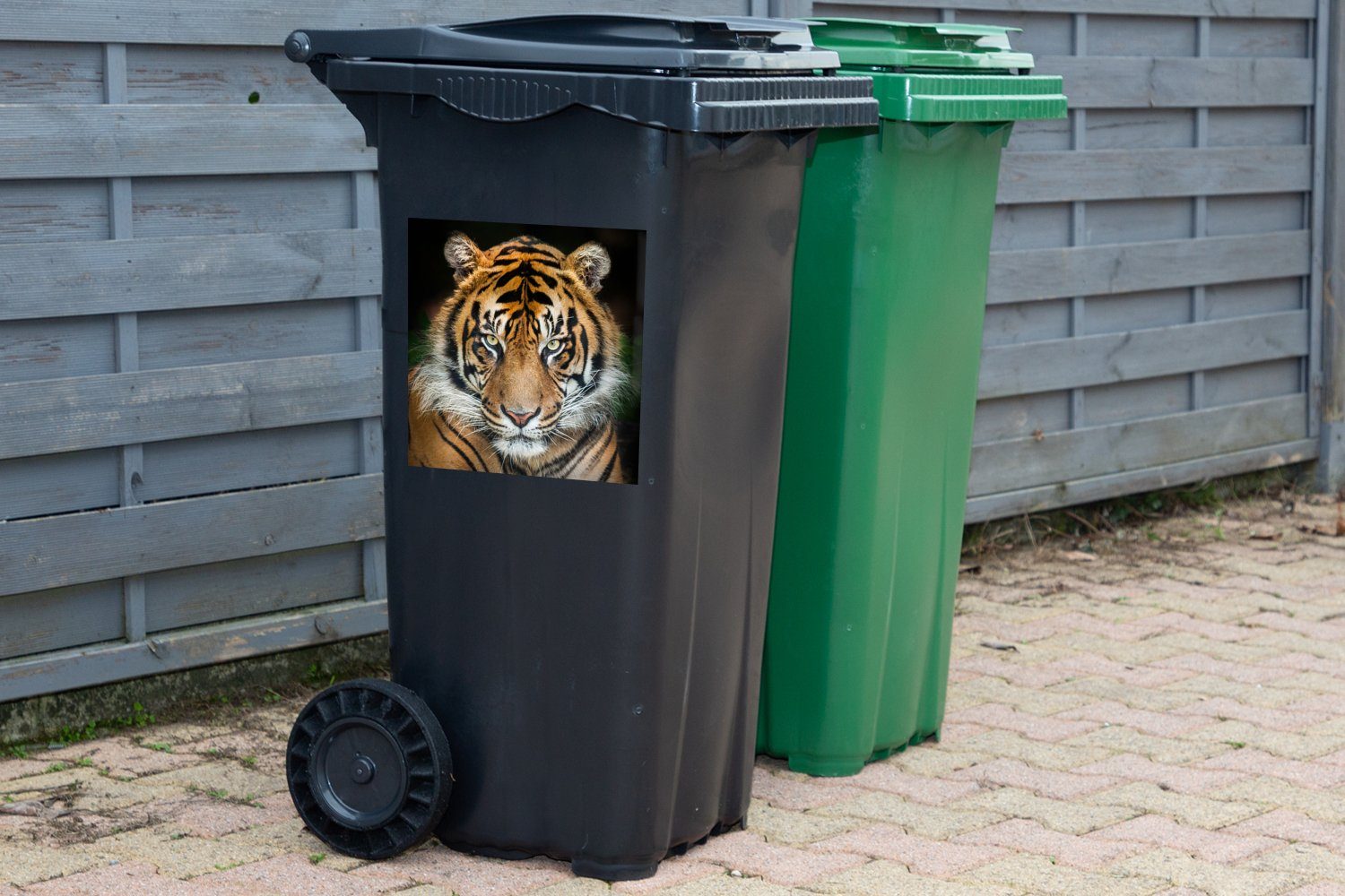 Abfalbehälter Sticker, Schwarz Wandsticker Tiger Mülleimer-aufkleber, MuchoWow Container, (1 Mülltonne, - St),