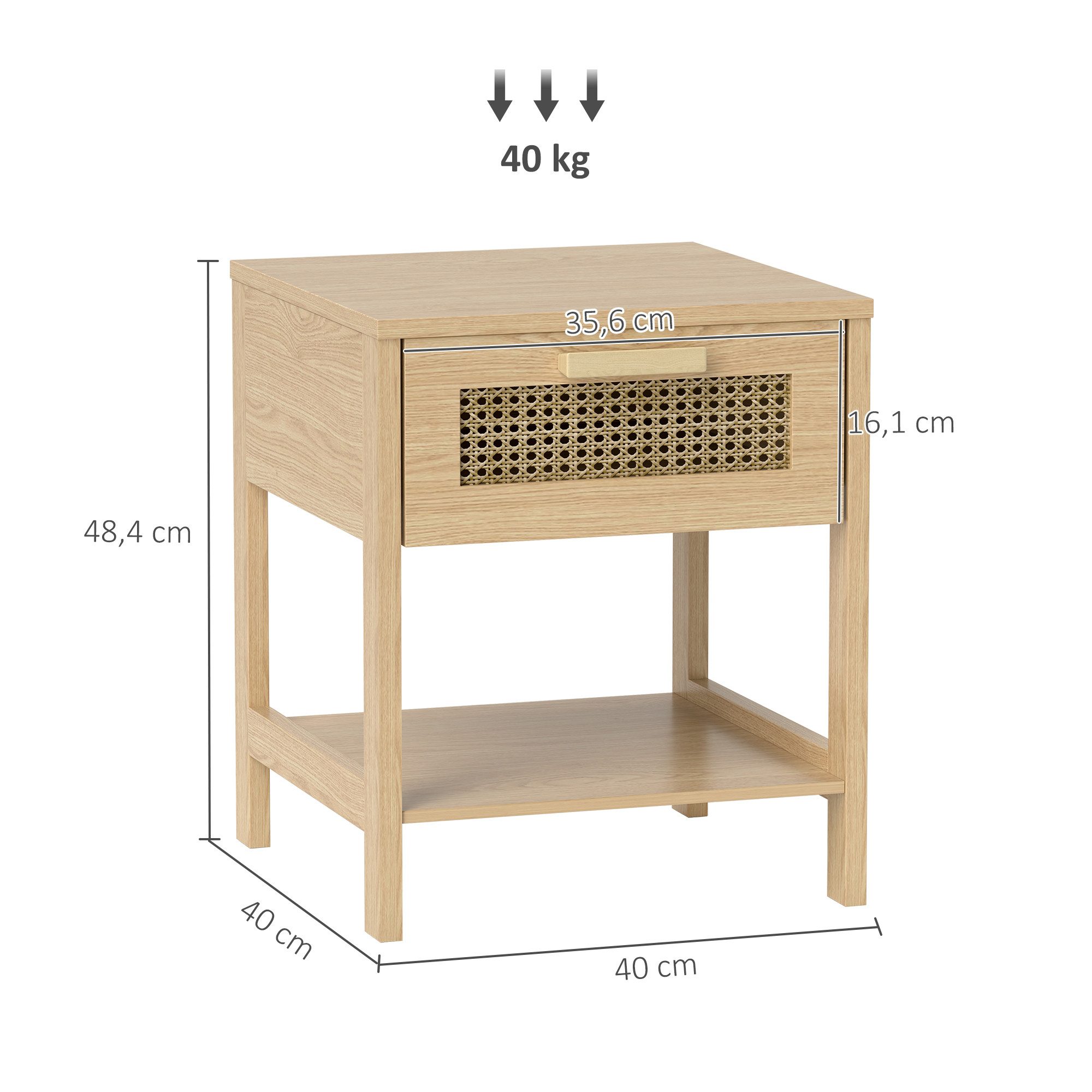 HOMCOM Nachttisch Beistelltisch, Nachtschrank mit Schublade, Ablage, Rattan-Design (natürlicher Nachtkommode mit Schublade, 1-St., Rattan-Design), MDF, Natur