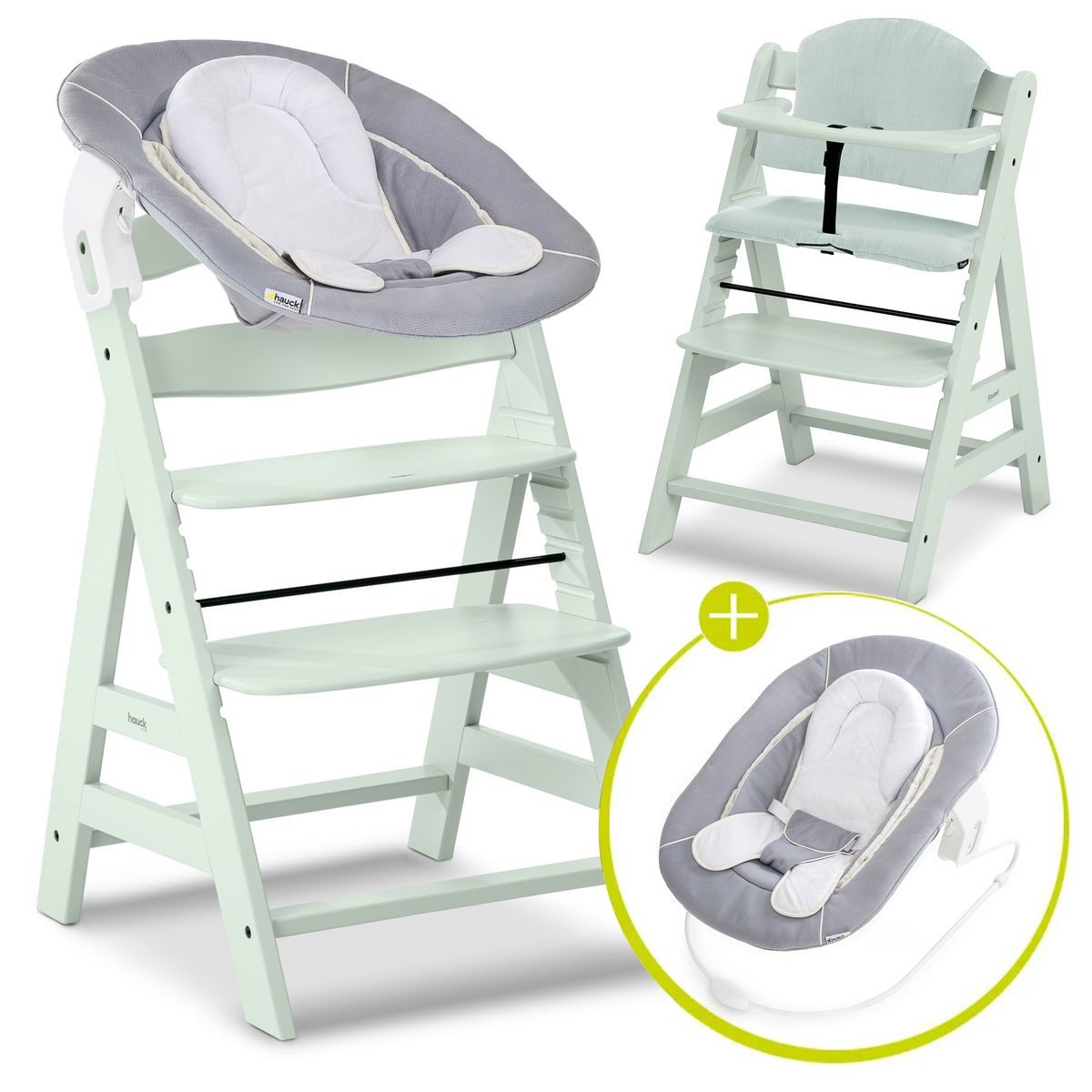Hauck Hochstuhl Alpha Plus Newborn Set  - Stretch Grey - Mint, Holz Babyhochstuhl ab Geburt inkl. Neugeborenenaufsatz & Sitzauflage