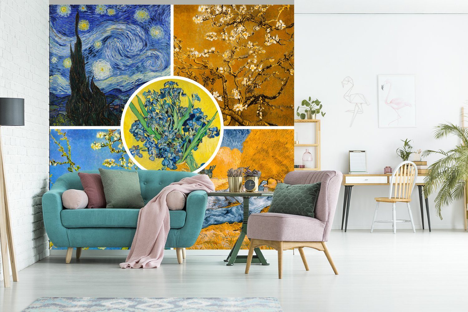 St), Gogh Van Collage Schlafzimmer - - Küche, Sternennacht, Fototapete für Matt, (4 MuchoWow Fototapete Wohnzimmer bedruckt, Vliestapete