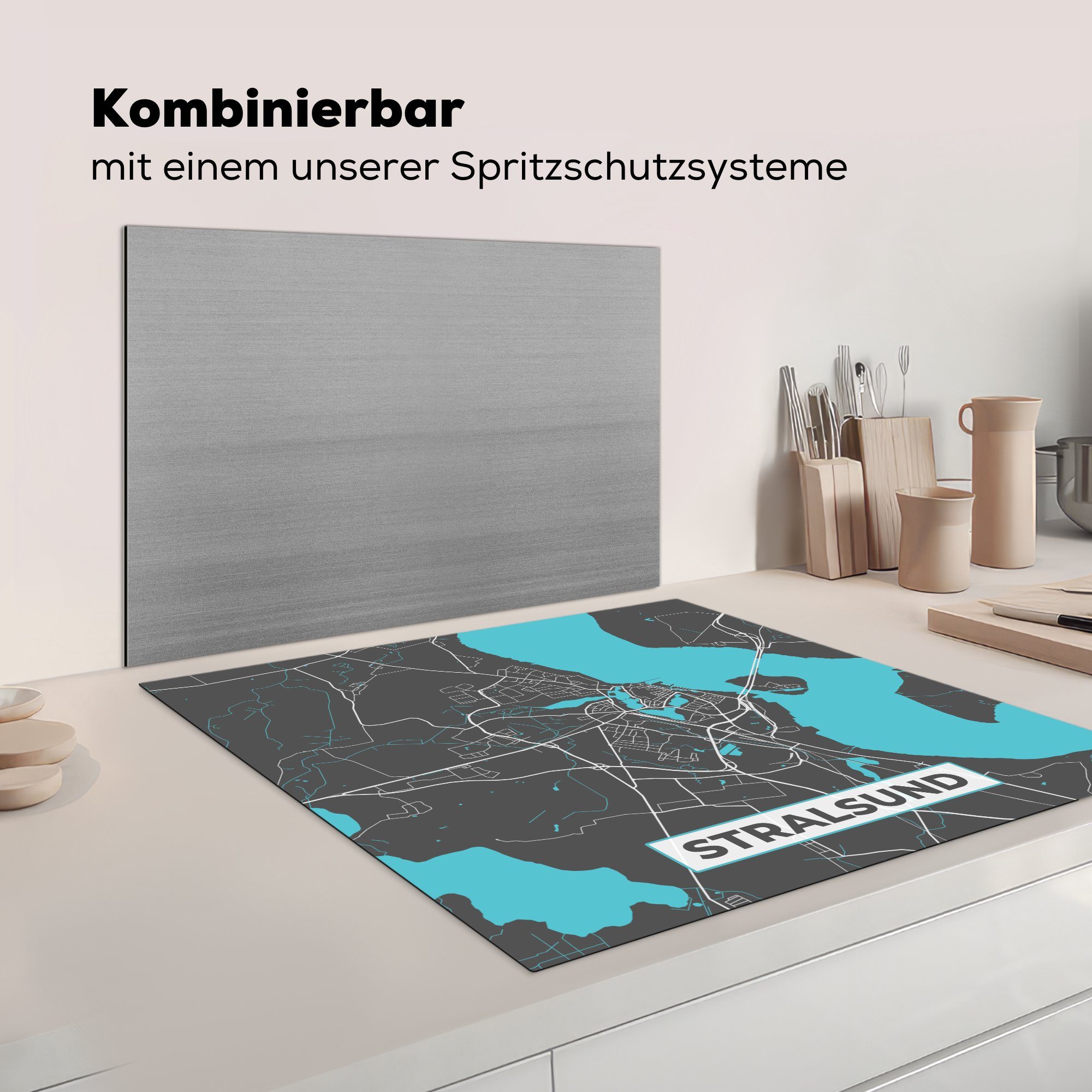 Arbeitsplatte Deutschland Blau Karte (1 Stadtplan MuchoWow - küche Stralsund, - - Herdblende-/Abdeckplatte Gold cm, für 78x78 Vinyl, Ceranfeldabdeckung, - tlg), -