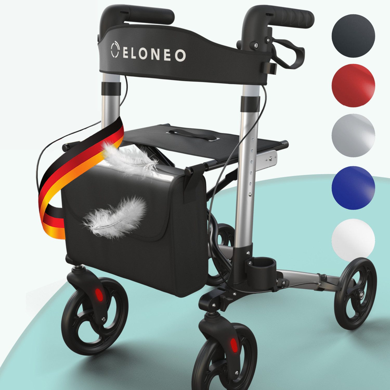ELONEO Rollator leicht und faltbar, Hilfsmittel für Senioren, Gehhilfe, Komfort-Sitz mit Stockhalter, Einkaufstasche & Rückengurt