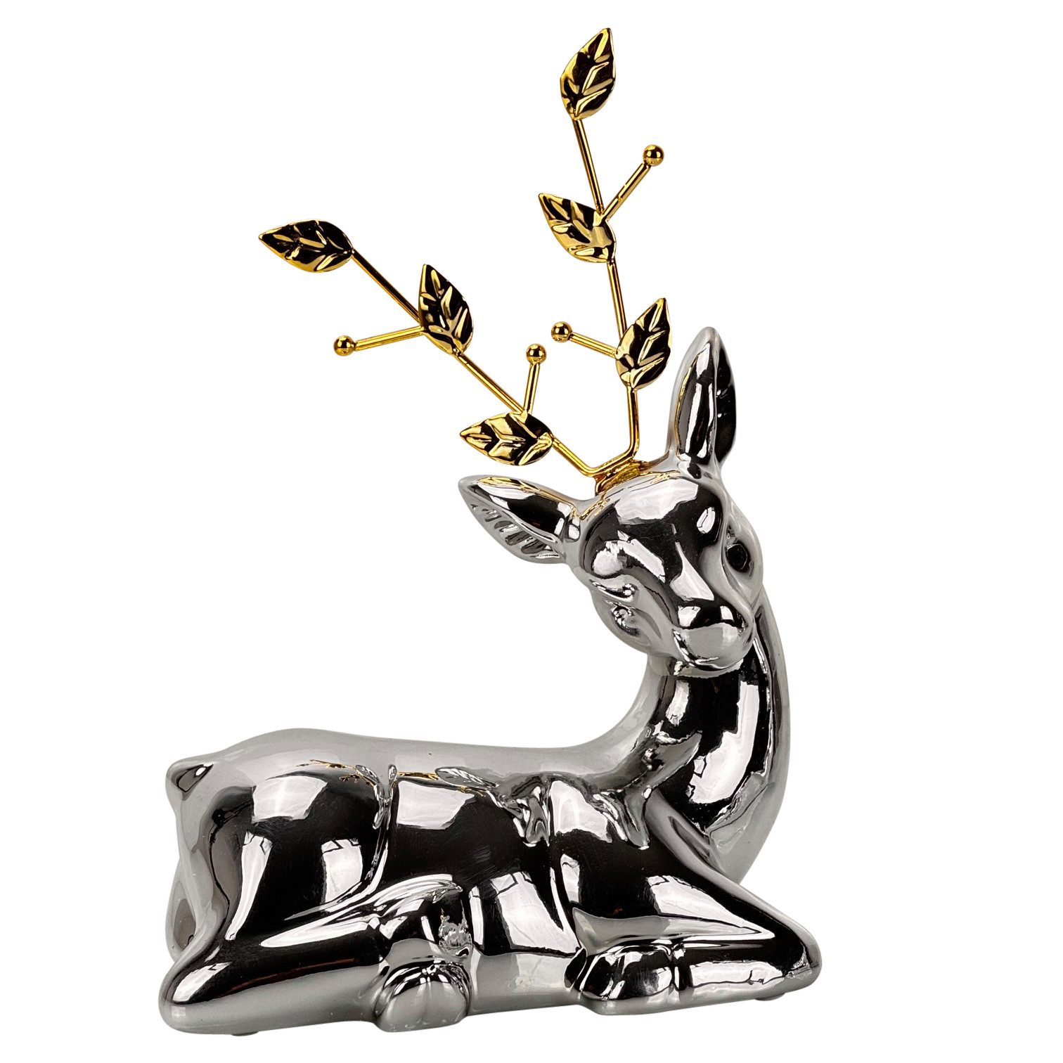 Online-Fuchs Dekofigur 2 Hirsche in Silber aus Keramik - moderne Deko für Herbst & Winter (17 und 21 cm groß, Tischdeko), filigranes Geweih aus goldfarbigen Blättern