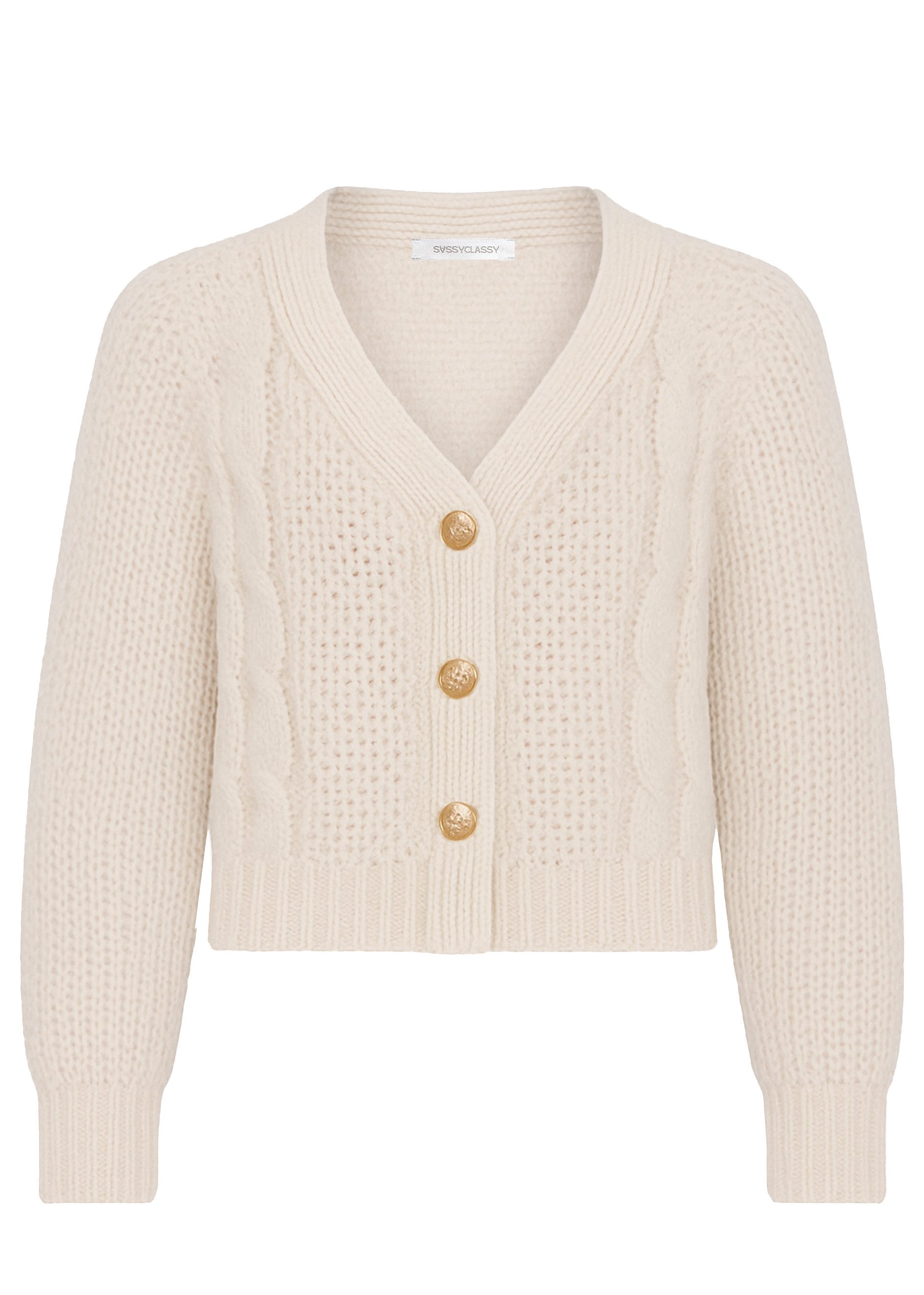 SASSYCLASSY Cardigan Zopfstrick-Cardigan mit Knopfleiste für Damen Lockerer Cardigan aus Strick im verkürzten Design Beige Rosa Grün