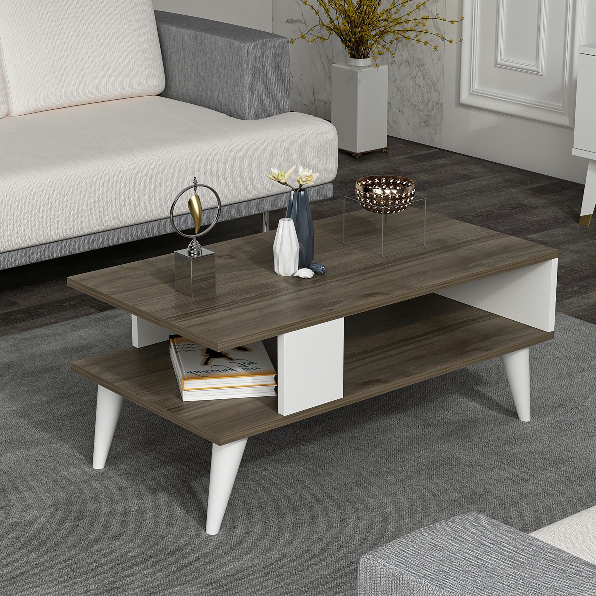 en.casa Couchtisch, »Lycksele« Wohnzimmertisch 40x90x45cm Walnuss-Optik/Wei günstig online kaufen