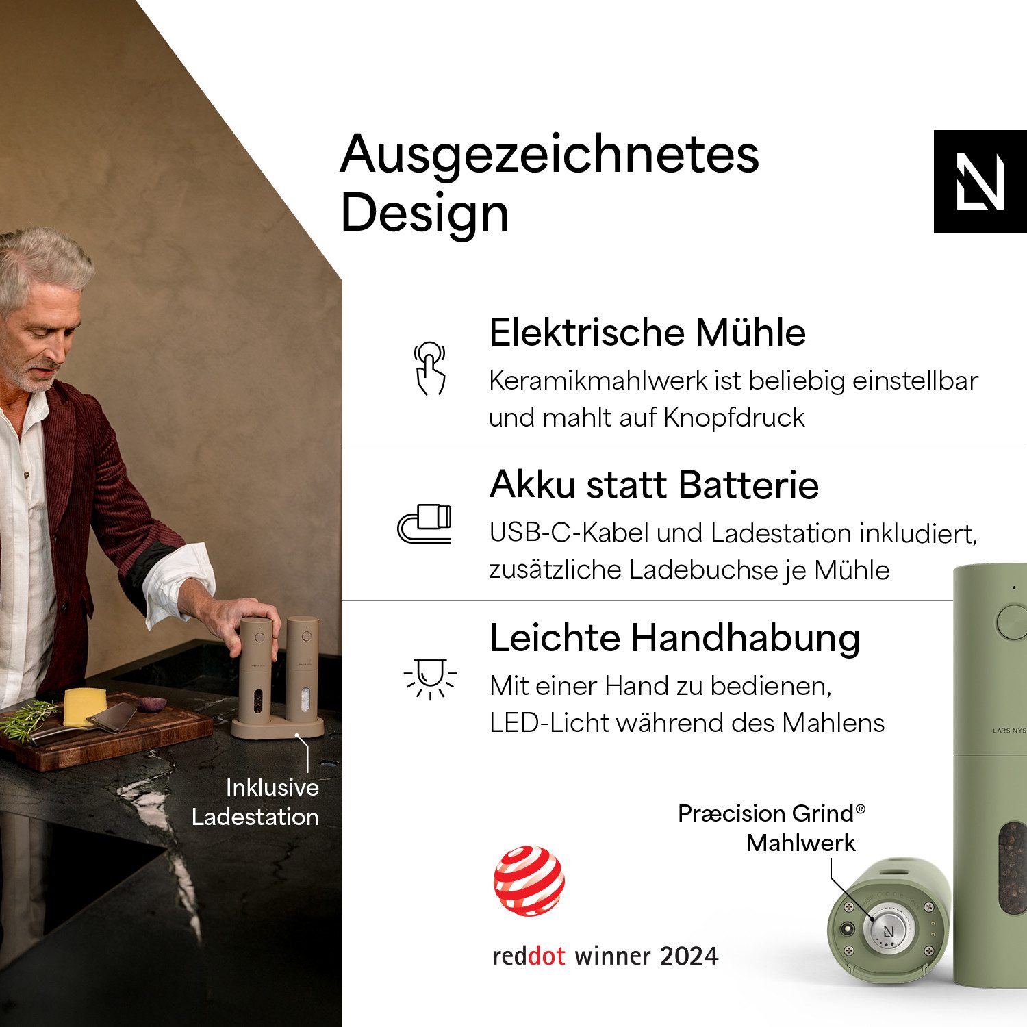 LARS NYSØM Gewürzmühle Spænding praktische Einhandbedienung per Drucktaste, (2 Stück), elektrische Salz- & Pfeffermühle mit eingebautem LED-Licht