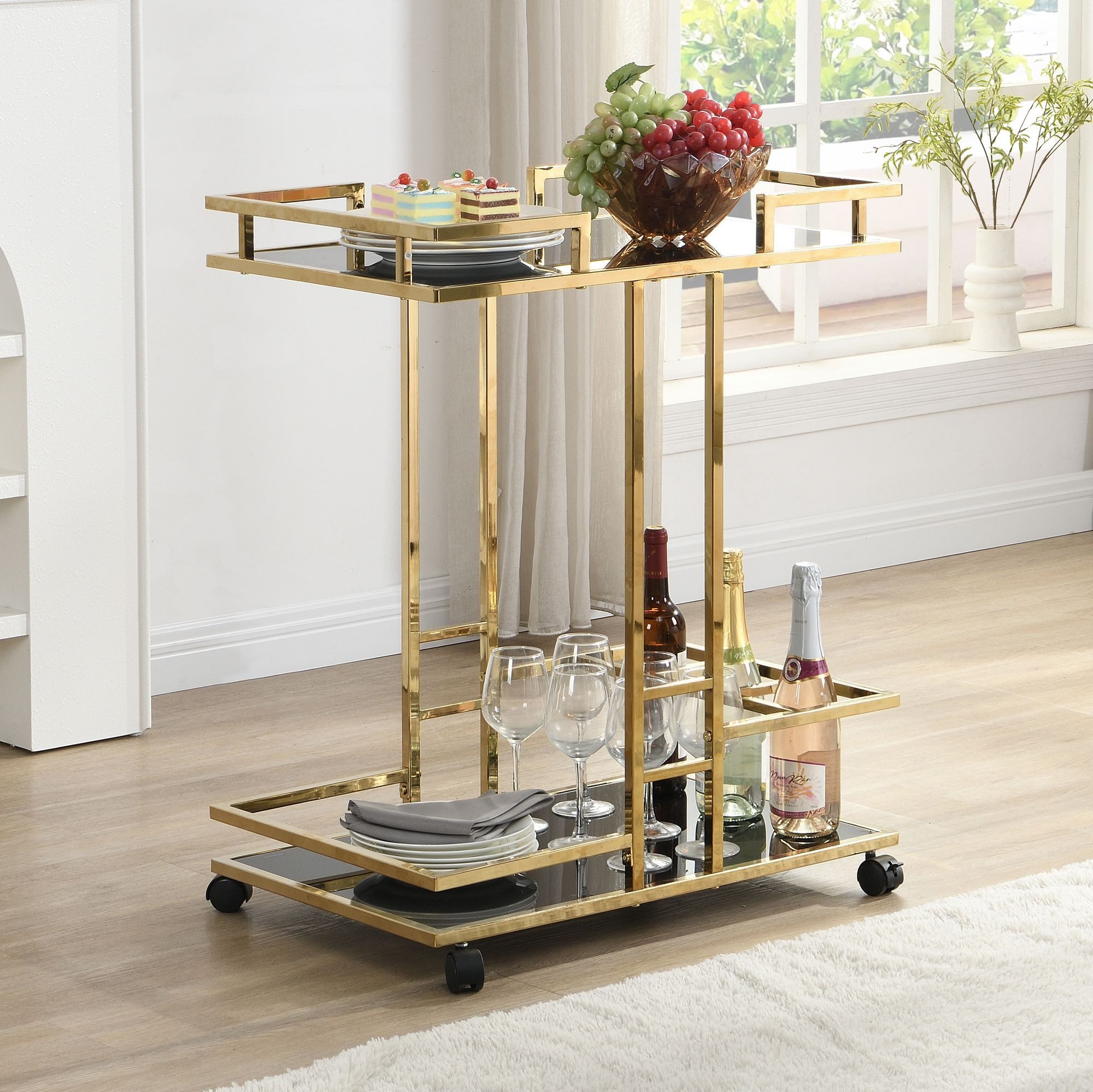 FINEBUY Servierwagen Barwagen Gold Glas Metall 67,5 cm Rollwagen FB111717, (67,5x83,5x43 cm Küchenwagen Glas Metall Rechteckig), Speisewagen mit Glasplatte, Teewagen auf Rollen