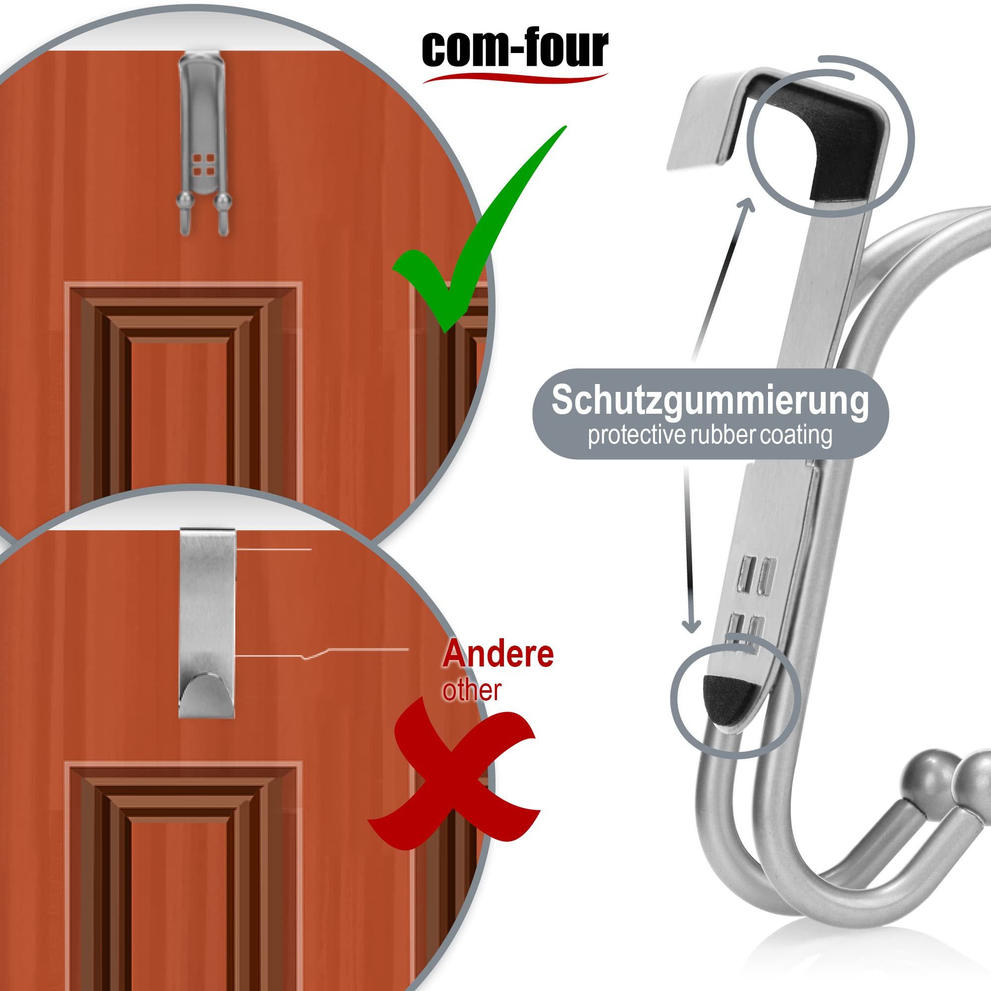 com-four Türhaken Türhaken - Doppel-Kleiderhaken mit Schaumstoff-Schutz für Zimmer, (4-St), Garderobenhaken zum Einhängen ohne Bohren – Bild 3 von 5