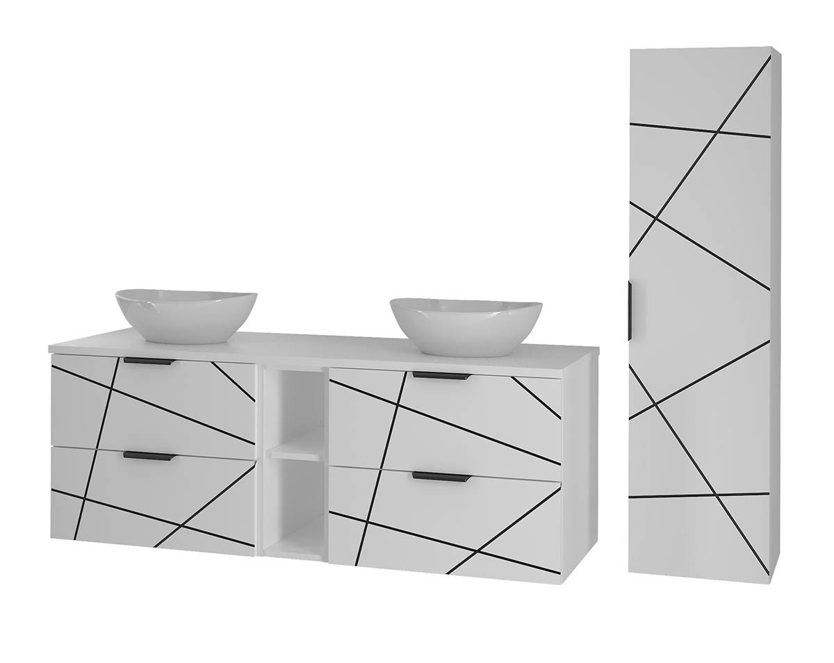 einfachgutemoebel Waschtisch-Set Badset 2-tlg. Doppelwaschtisch 140cm STRIATA, Weiß Aufsatzbecken, (Badmöbel Set, 1-St., Waschtisch Unterschrank)