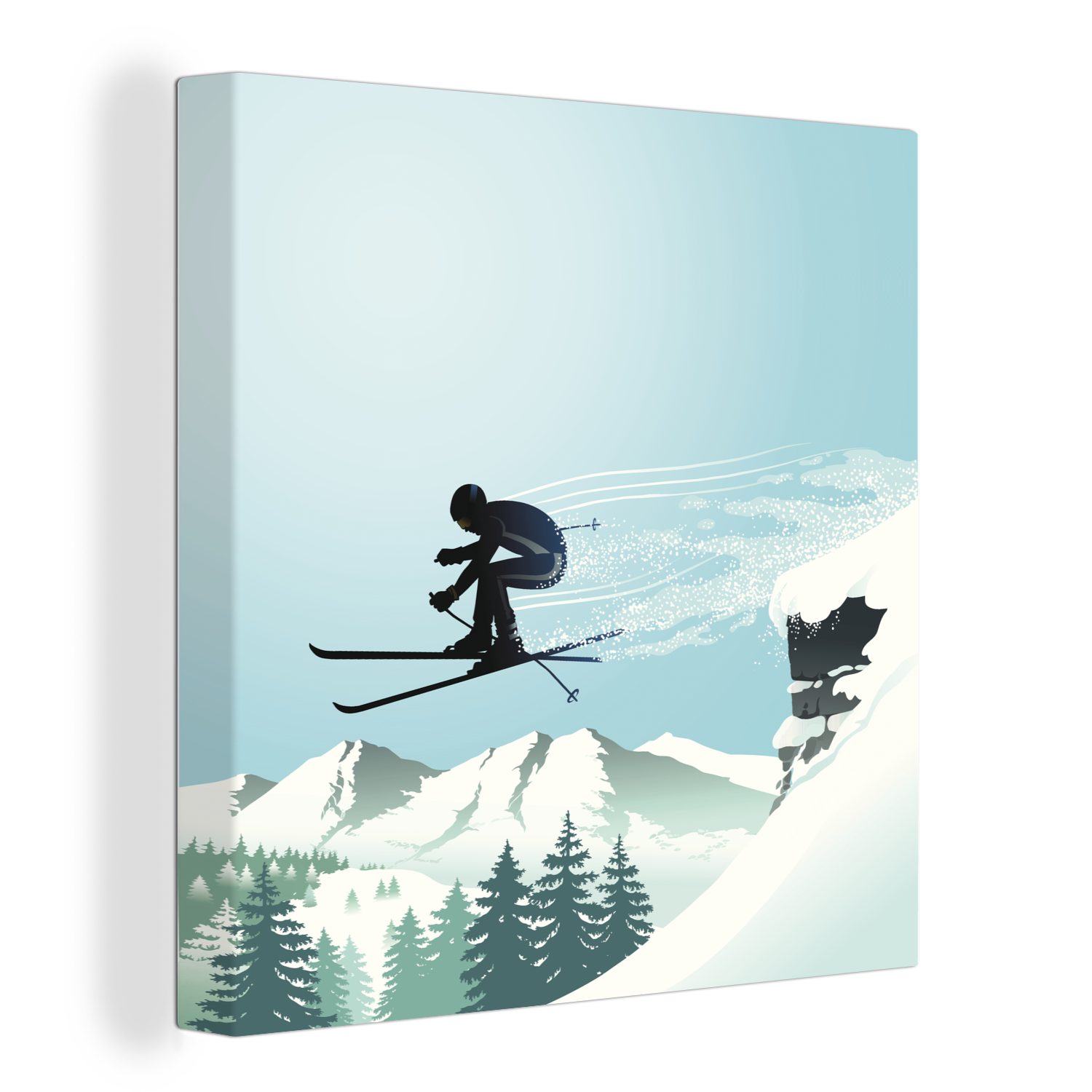 OneMillionCanvasses® Leinwandbild Eine Schlafzimmer Wohnzimmer Hochsprungs (1 St), eines Leinwand des Illustration Bilder Skifahrers, für