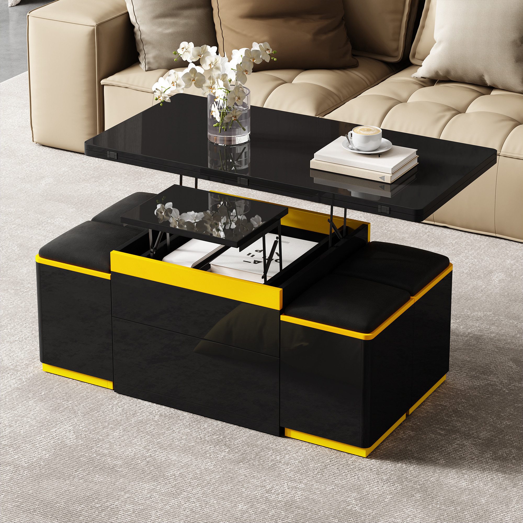 Totnz Couchtisch Hochglanz Beistelltisch, höhenverstellbarer, Klappbarer Esstisch (multifunktional für Wohn-, Ess- und Arbeitsbereich, 5-St., 4 Hocker im Set inklusive Stauraum), flexibel für Alltag, Essen oder Büro