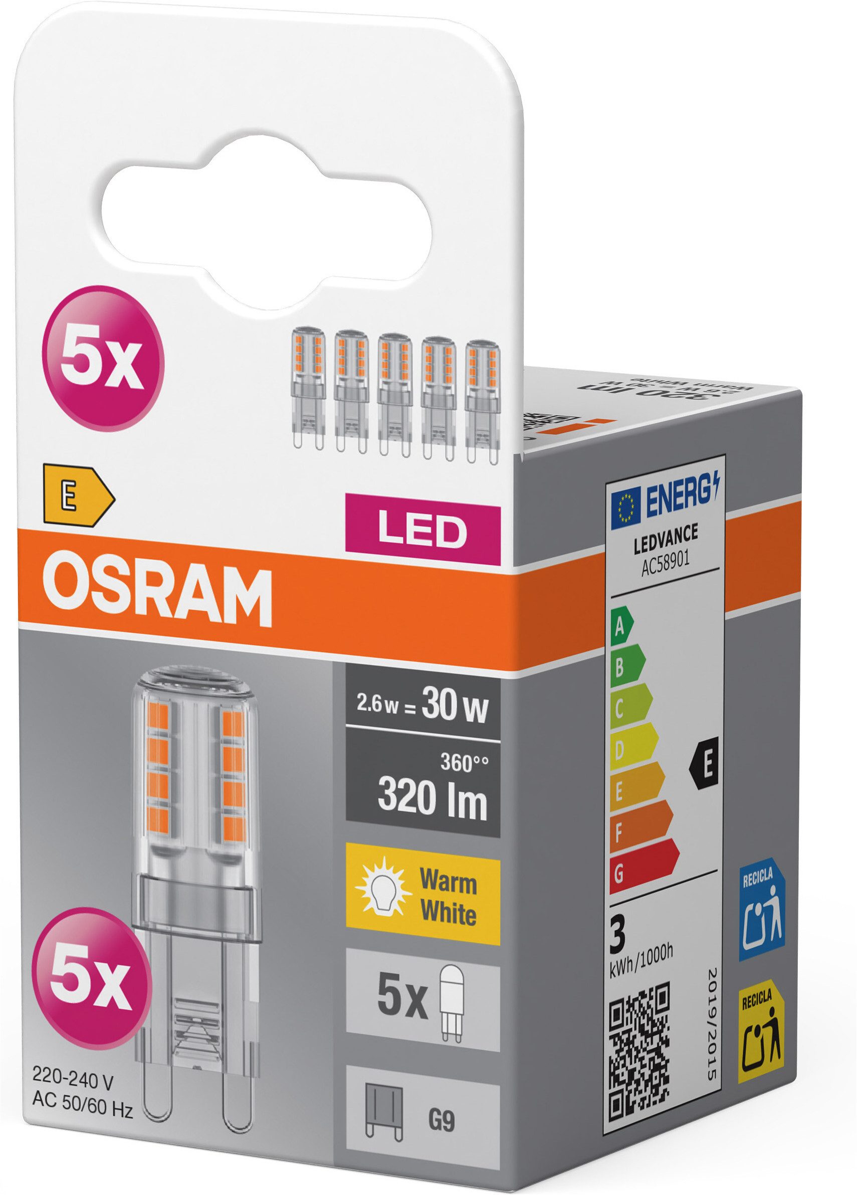 Osram LED-Leuchtmittel Star PINLED-Lampe, Klar, G9, 5 St., Warmweiß