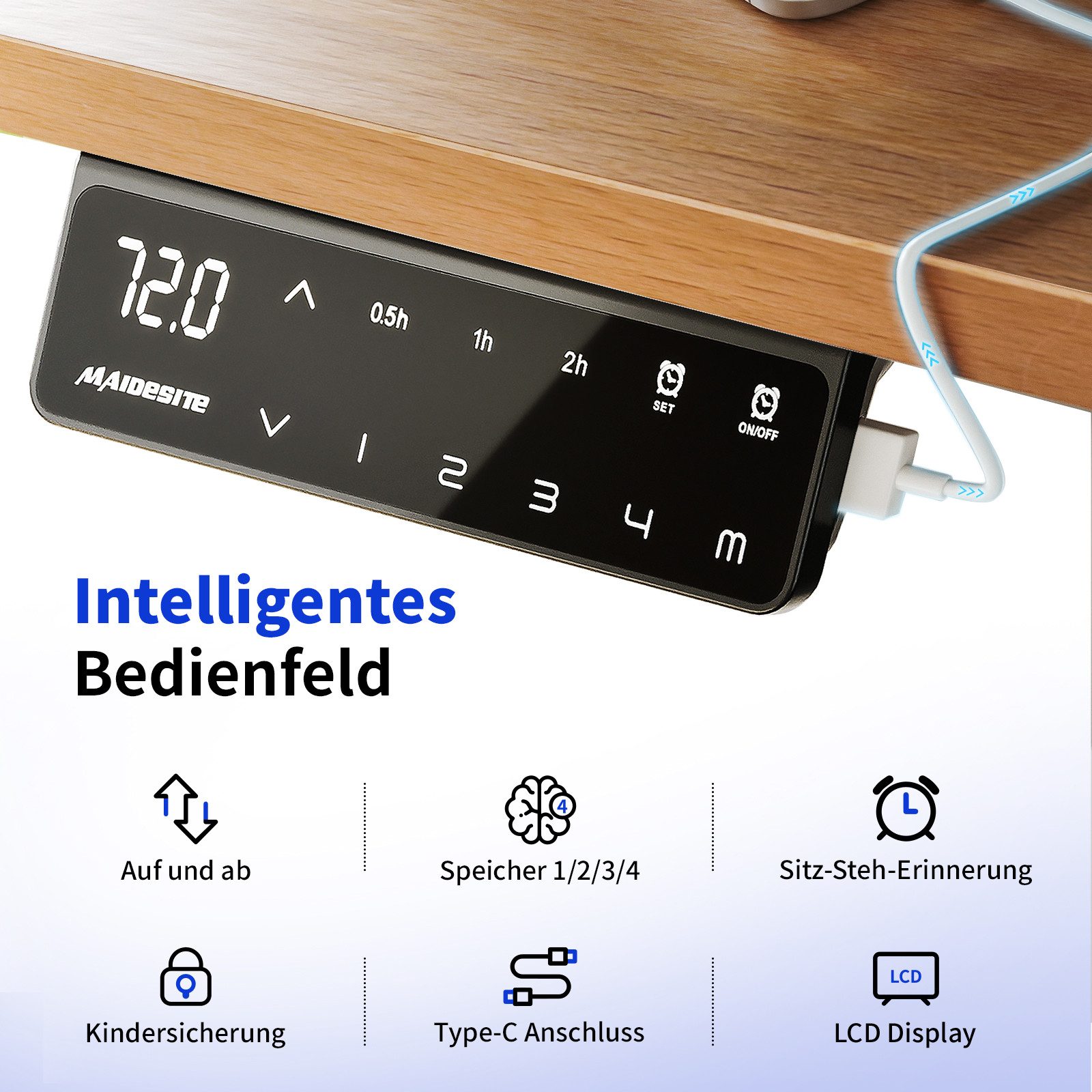 MAIDESITE Schreibtisch Elektrisch Höhenverstellbarer, Dualmotor-System, 62-125 cm (1-St), bis 160 kg, leise, ergonomisch mit Memory-Funktion & USB-Ladeanschluss – Bild 4 von 5