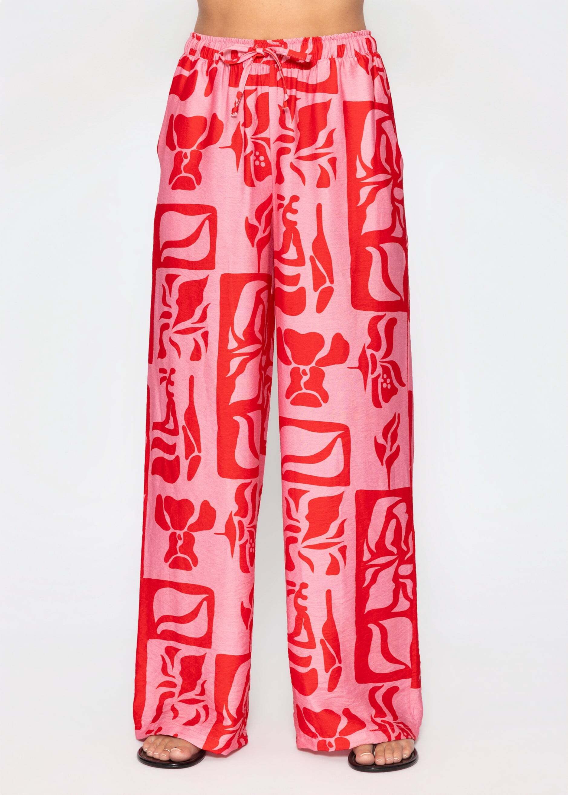 SASSYCLASSY Stoffhose Viskose Schlupfhose mit Kunstprint für Damen Lässige Viskosehose mit elastischem Bund und Taschen Pink-Rot