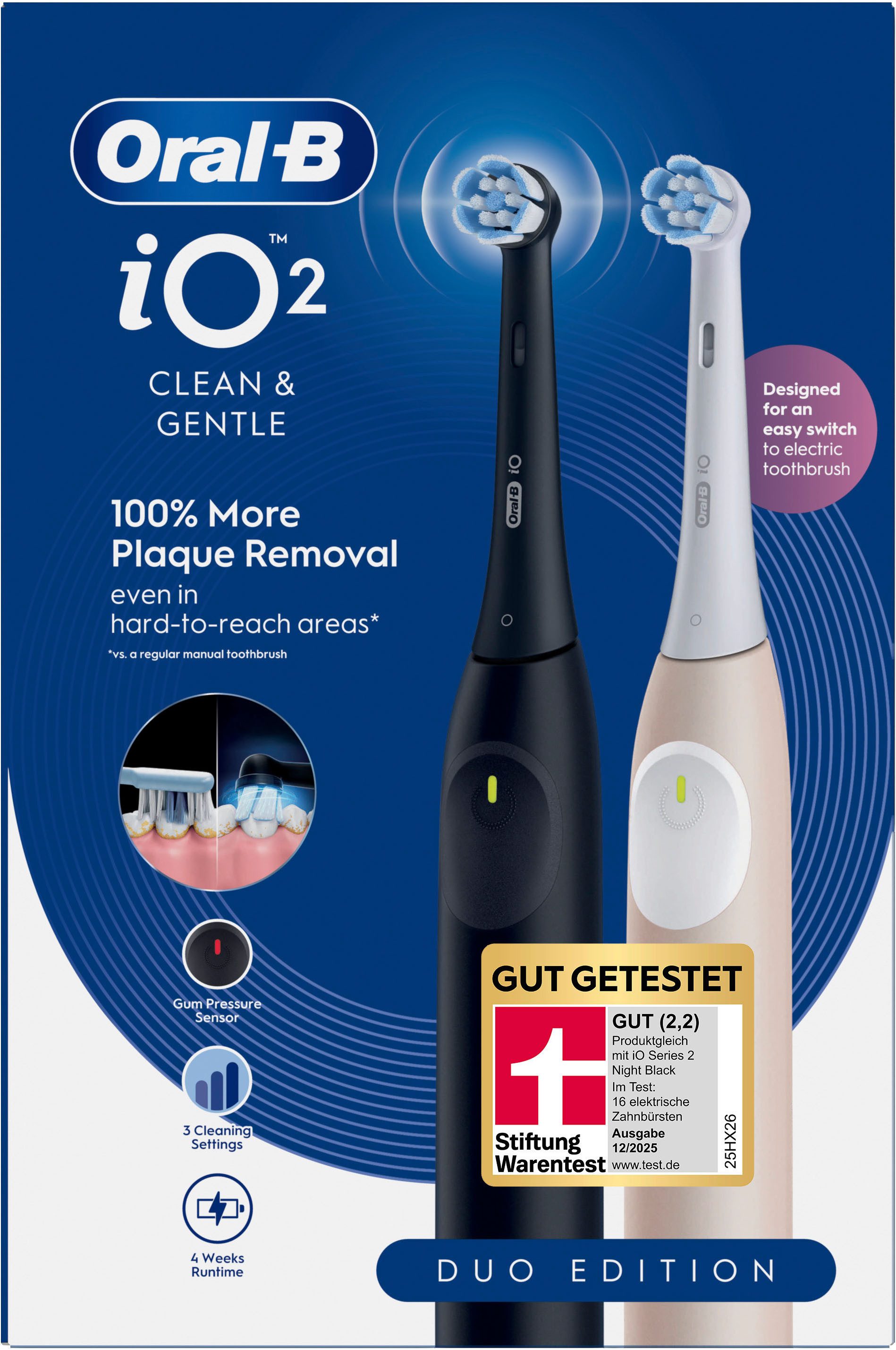Oral-B Elektrische Zahnbürste iO Series 2, Aufsteckbürsten: 2 St., für die sanfte Reinigung, mit 2. Handstück