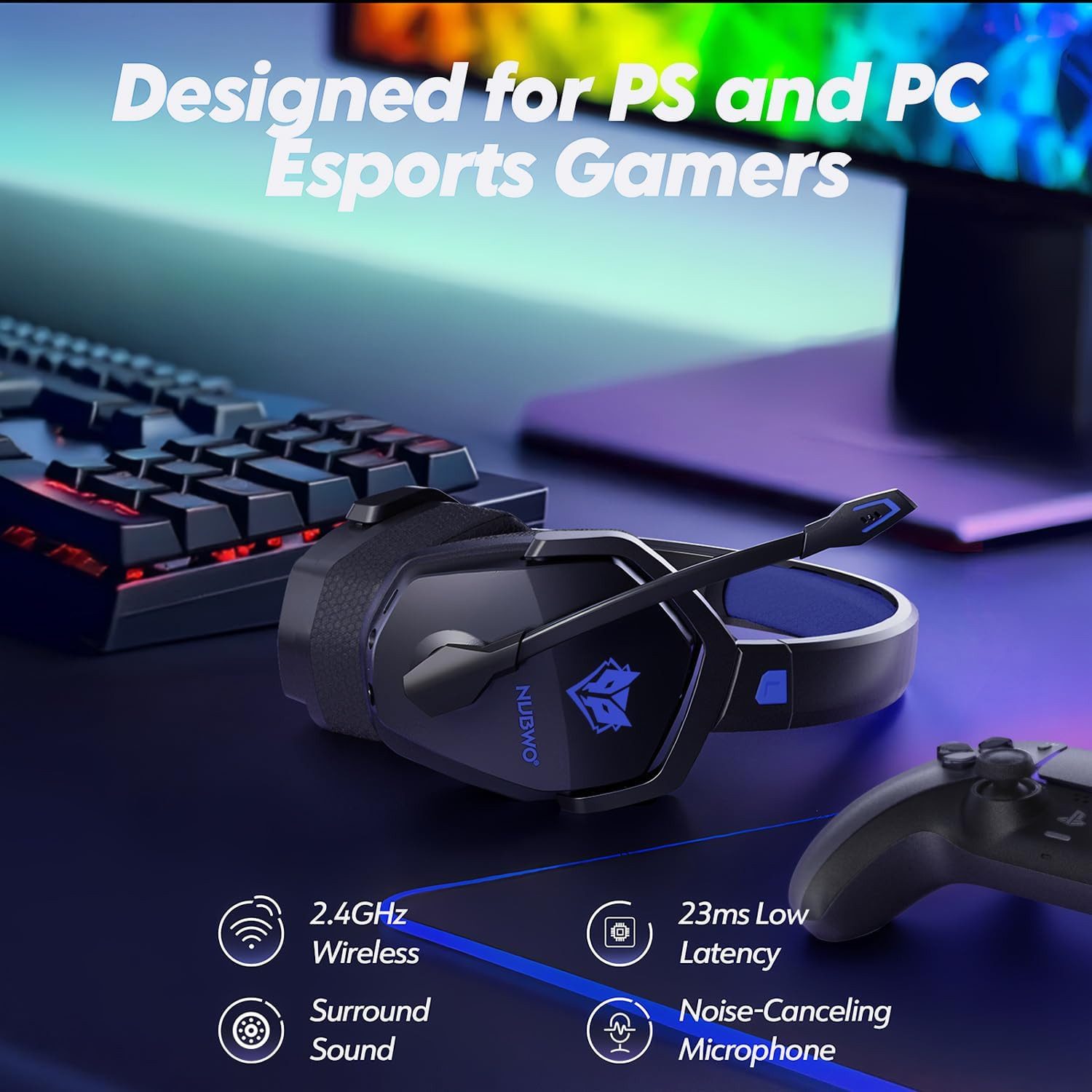 NUBWO mit Mikrofon für PS5 PS4 PC 100h Akku Gaming-Headset (Kompatibel mit PS5 PS4 PC Laptop und Smartphone für vielseitige Nutzung auf verschiedenen Plattformen ohne Einschränkungen, 2,4 GHz + BT Gaming Kopfhörer mit 50mm Treiber & langer Laufzeit)