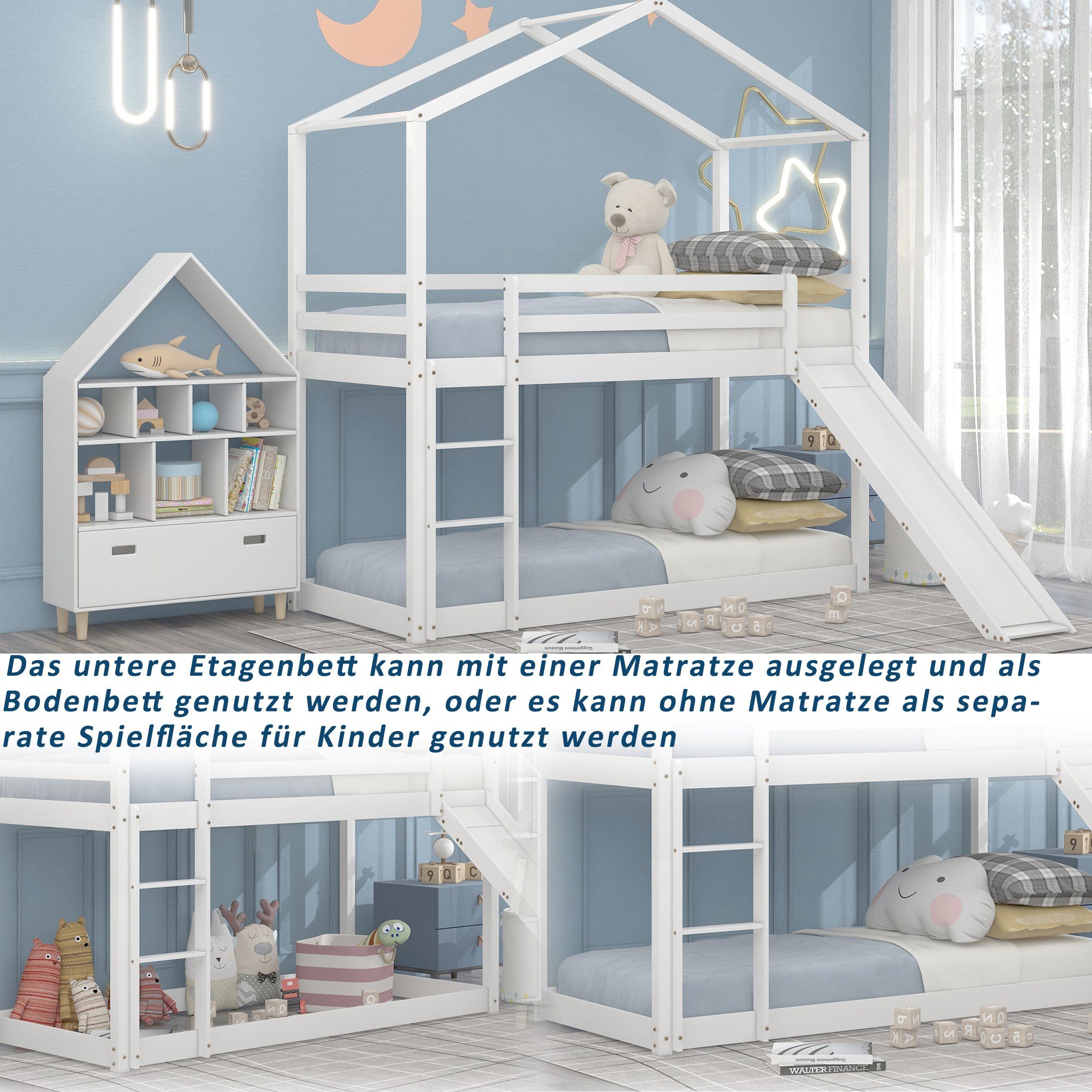 Etagenbett (Kinderbett Hausbett 90x200 cm), Hochbett mit Lattenrost, Rutsche, Rausfallschutz und Leiter, Kiefer