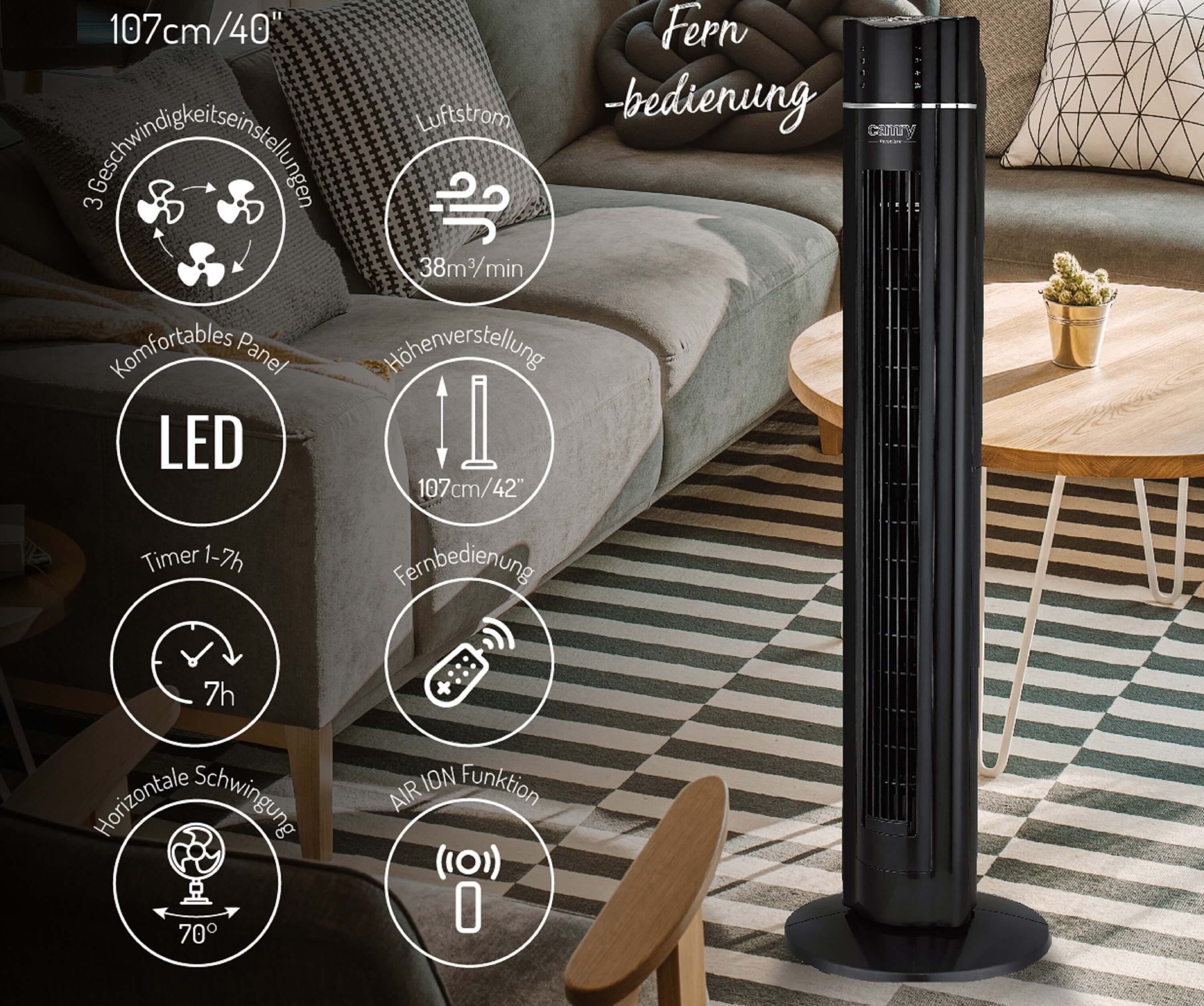Camry Turmventilator CR-7320, 7h Timer, Fernbedienung, Oszillation, Duftfach