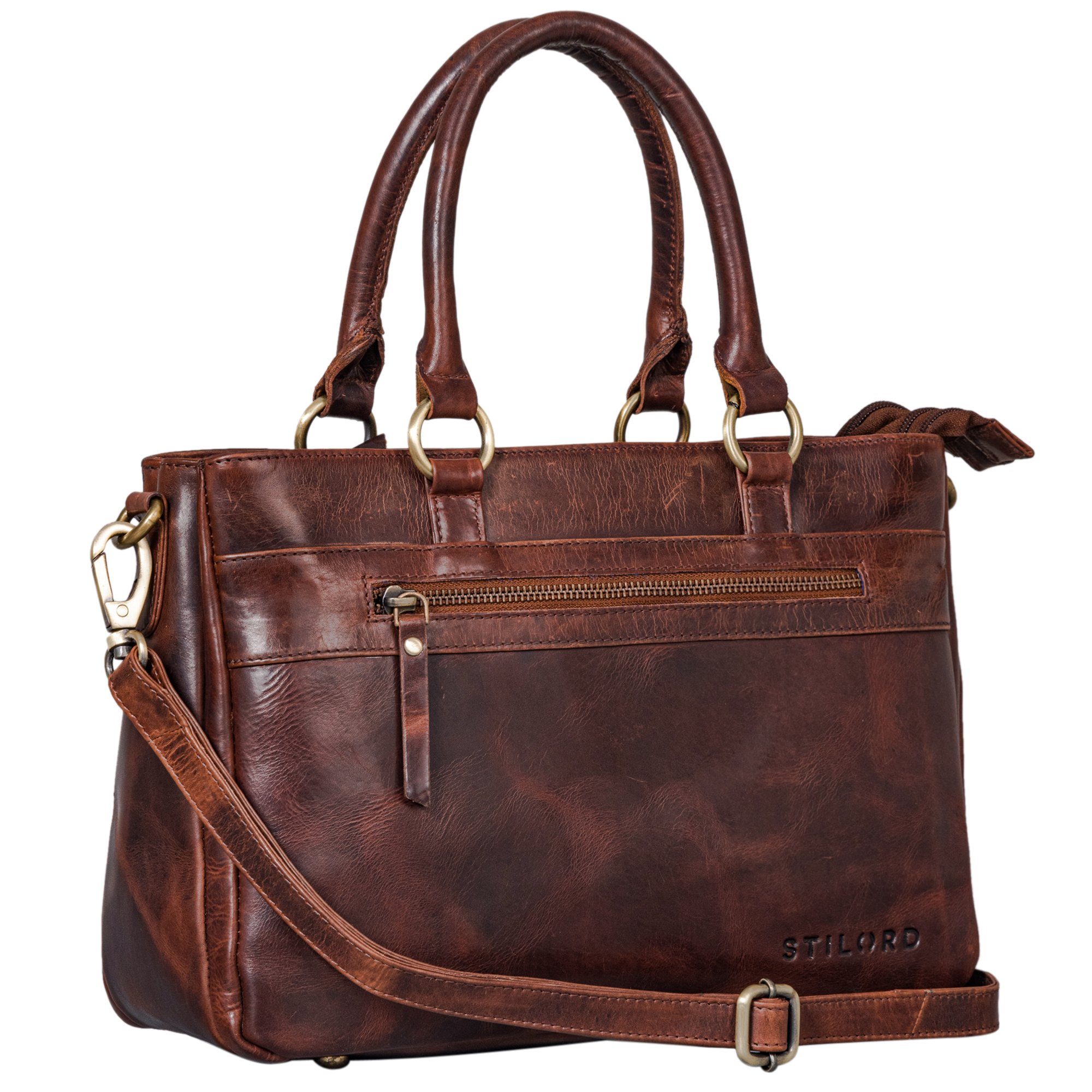 Damen cognac Umhängetasche Handtasche porto Leder Organisierte Handtasche - "Frauke" STILORD