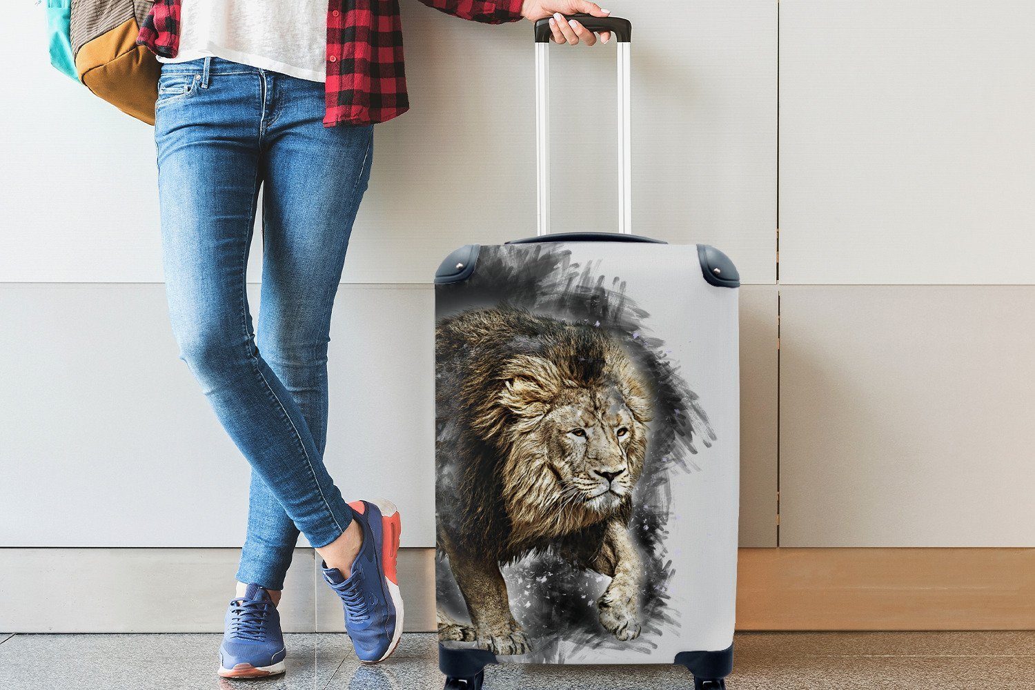 Schwarz, Handgepäckkoffer 4 rollen, Rollen, Reisetasche Illustration Löwe MuchoWow für Trolley, Reisekoffer mit Ferien, - Handgepäck -