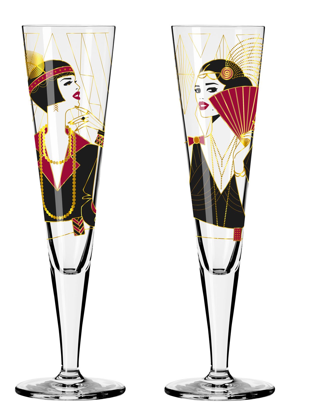 Dekomiro Champagnerglas Goldnacht Champus 2er Set Charleston mit Glastuch, 2-tlg., Kristallglas