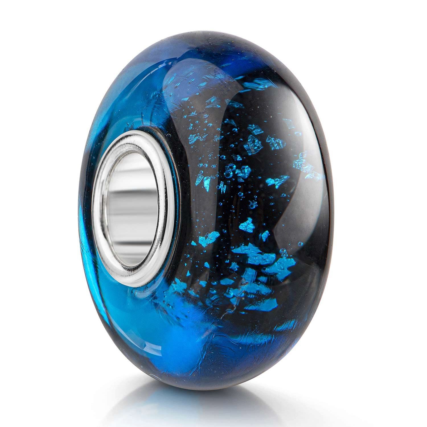 Materia Bead Glas Schwarz Blau Glitzerfolie 1041, Hülse aus 925 Silber