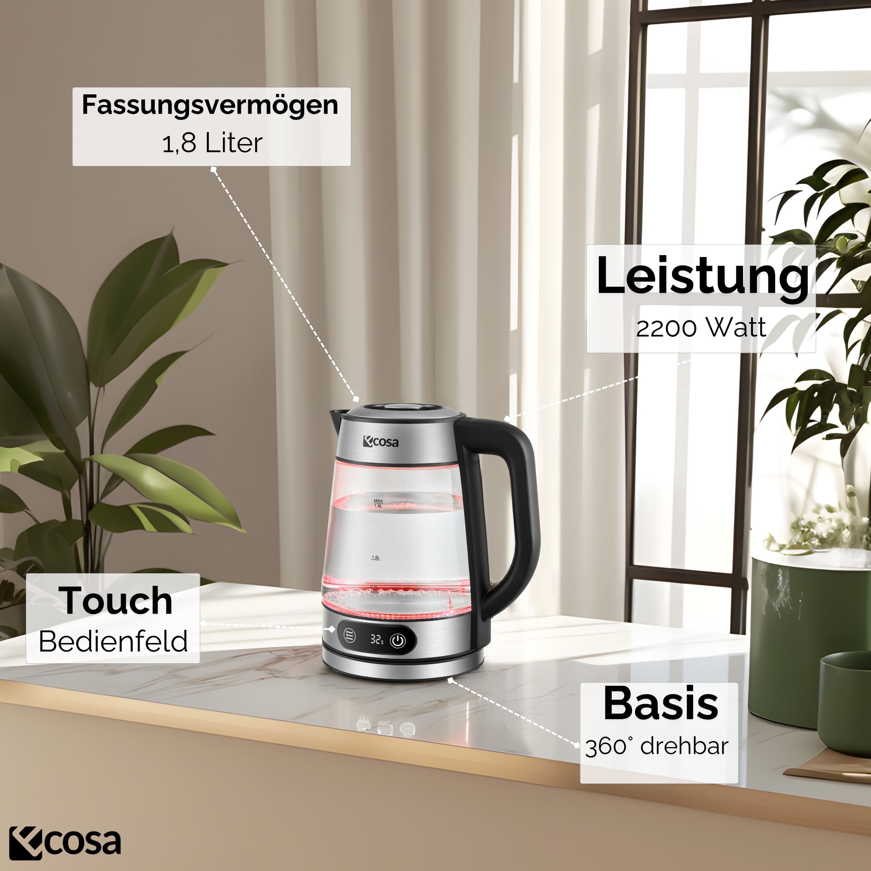 ecosa Wasserkocher EO-696, 1.8 l, 2200 W, Temperatureinstellung, LED-Display, Edelstahl, BPA-frei