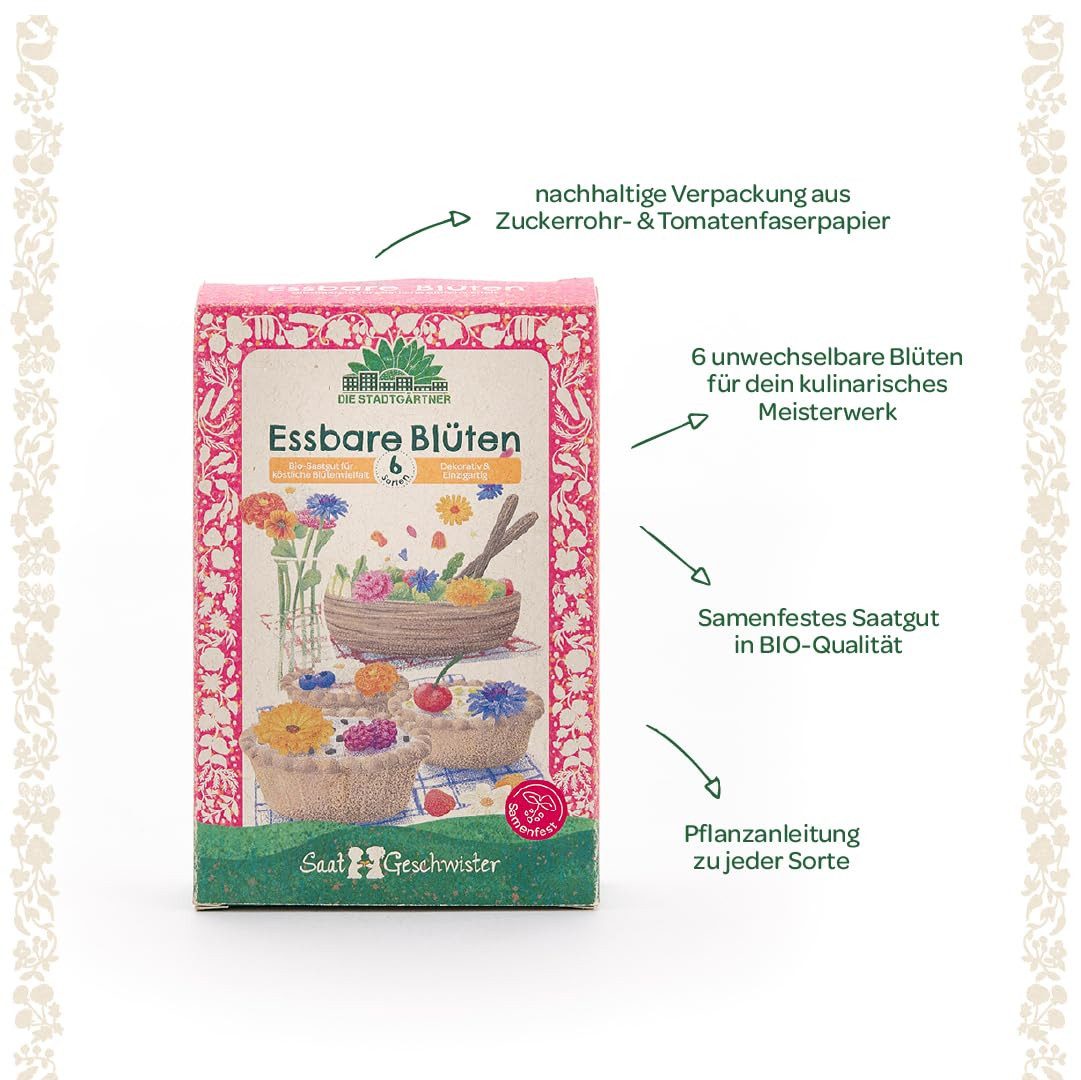Die Stadtgärtner Blumensamen Saatgut-Set essbare Blüten mit 6 BIO-Sorten, Tolles Garten-Geschenk, Samenfest, Ohne Gentechnik, Laborgeprüfte Keimrate