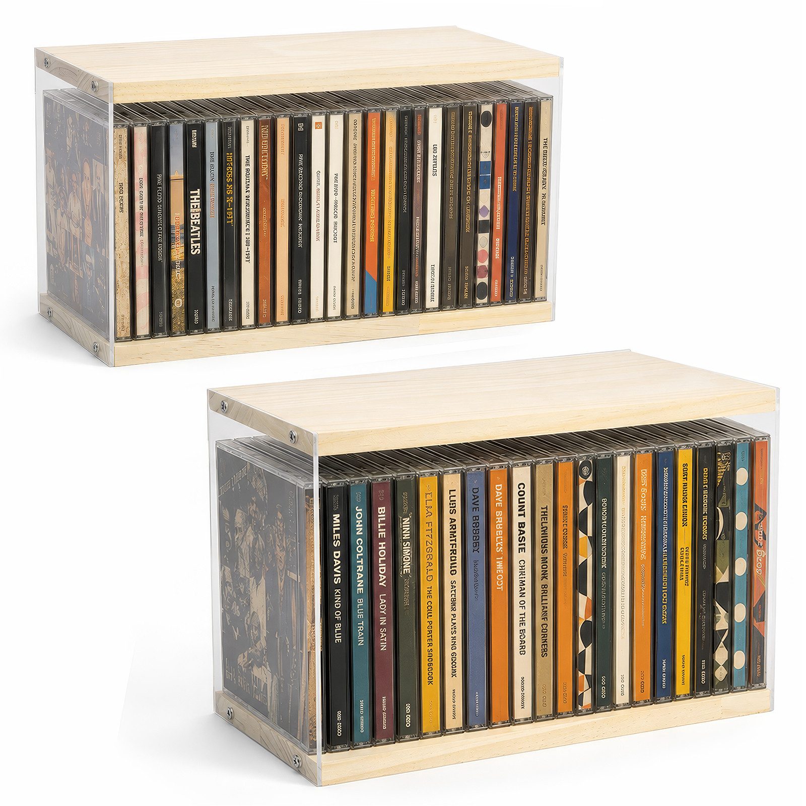 BlingBin CD-Regal CD-Halter aus Holz und Acryl, stapelbare CD-Ständer für bis zu 60 CDs, CD-Tischständer 2-tlg., CD-Aufbewahrung für Standard-CD-Hüllen, Medien-Organizer