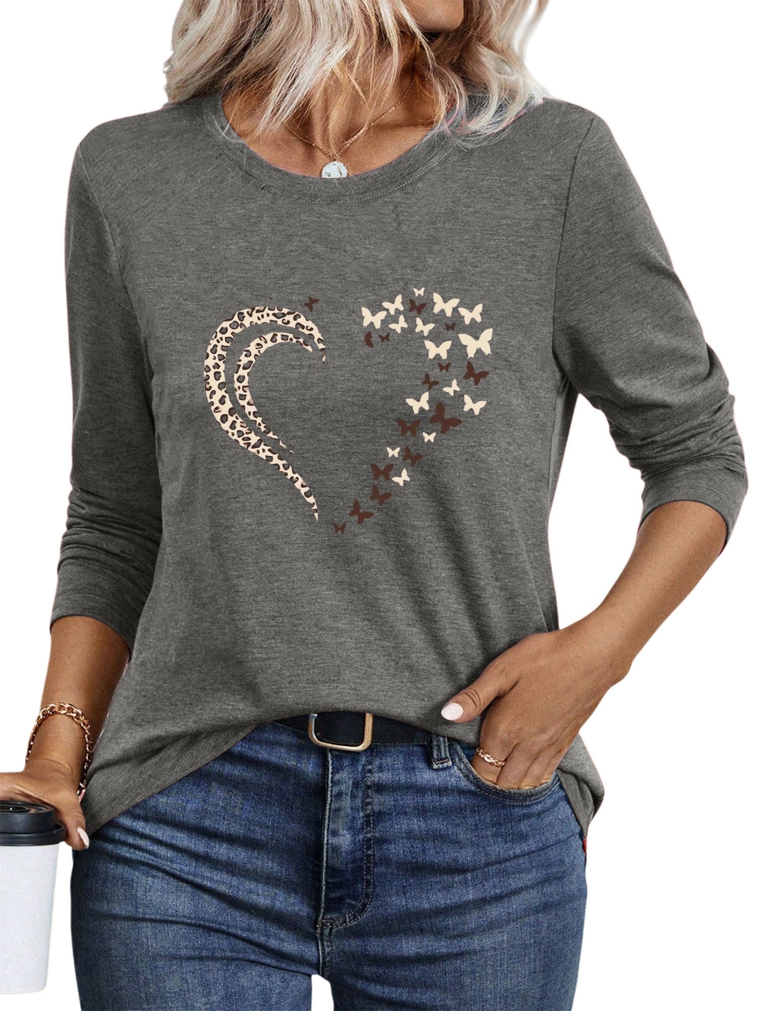 PYLIKE Langarmshirt Damen Rundhalsausschnitt Longsleeve mit Leopardenmuster Print-Shirt Geeignet für den täglichen Gebrauch im Büro und zu Hause