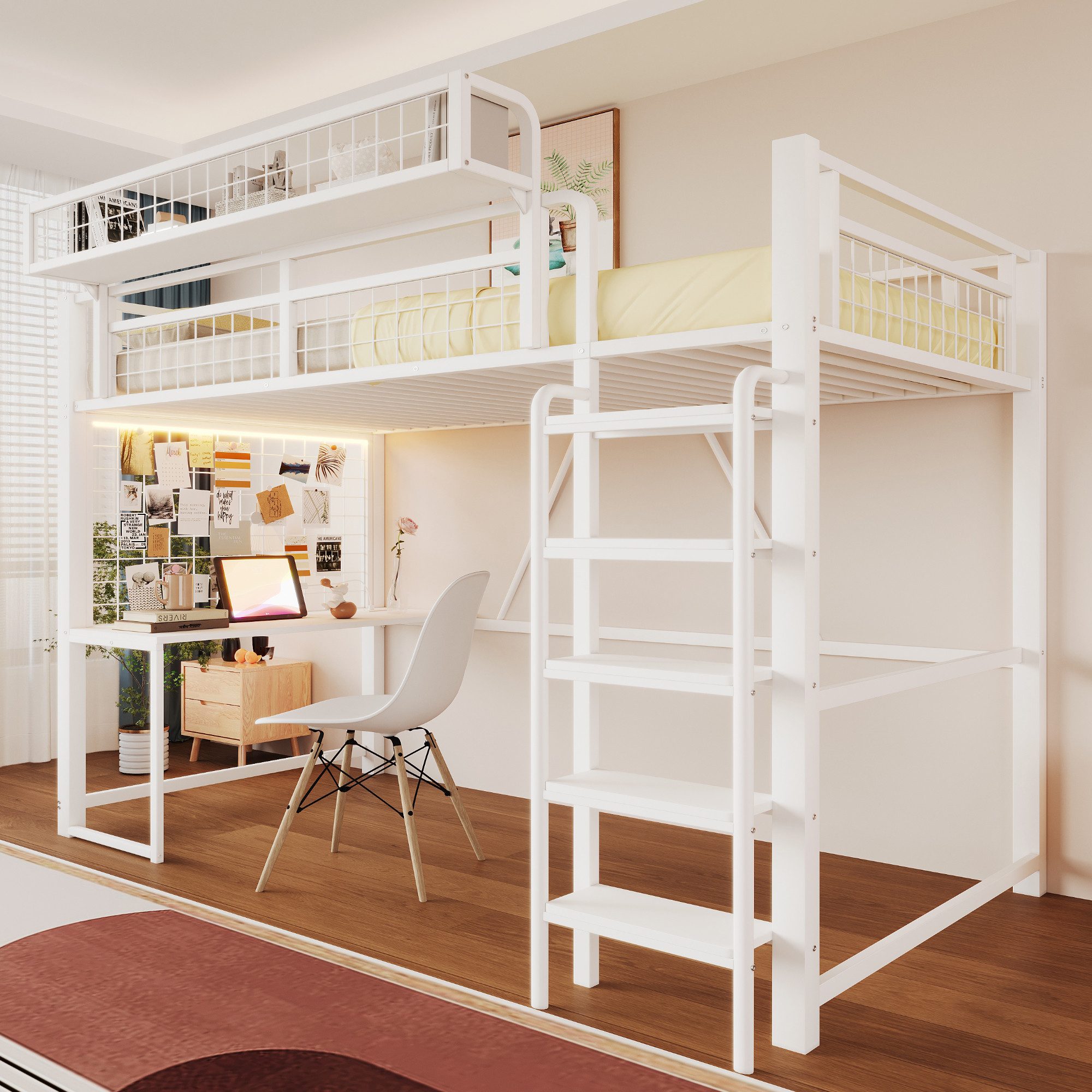 Celya Hochbett 90 x 200 cm, Mit Schreibtisch, LED-Beleuchtung und Steckdose (ohne Matratze, Mit Leiter und Sicherheitsgeländer) Mit Aufbewahrungsnetz, Abnehmbarem Ablagekorb